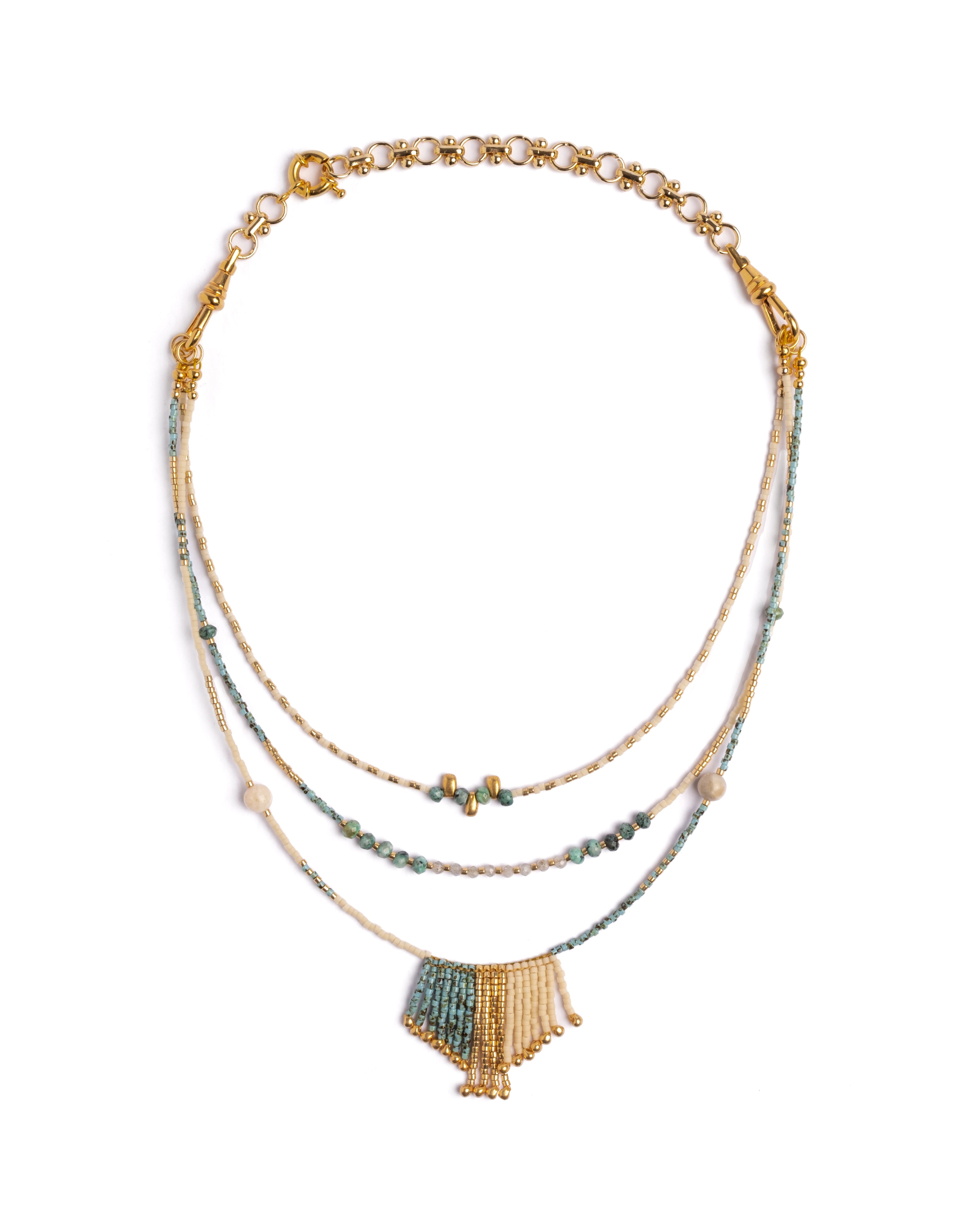 Handwoven Miyuki and Gem Fringe Layering Necklace (Aqua)