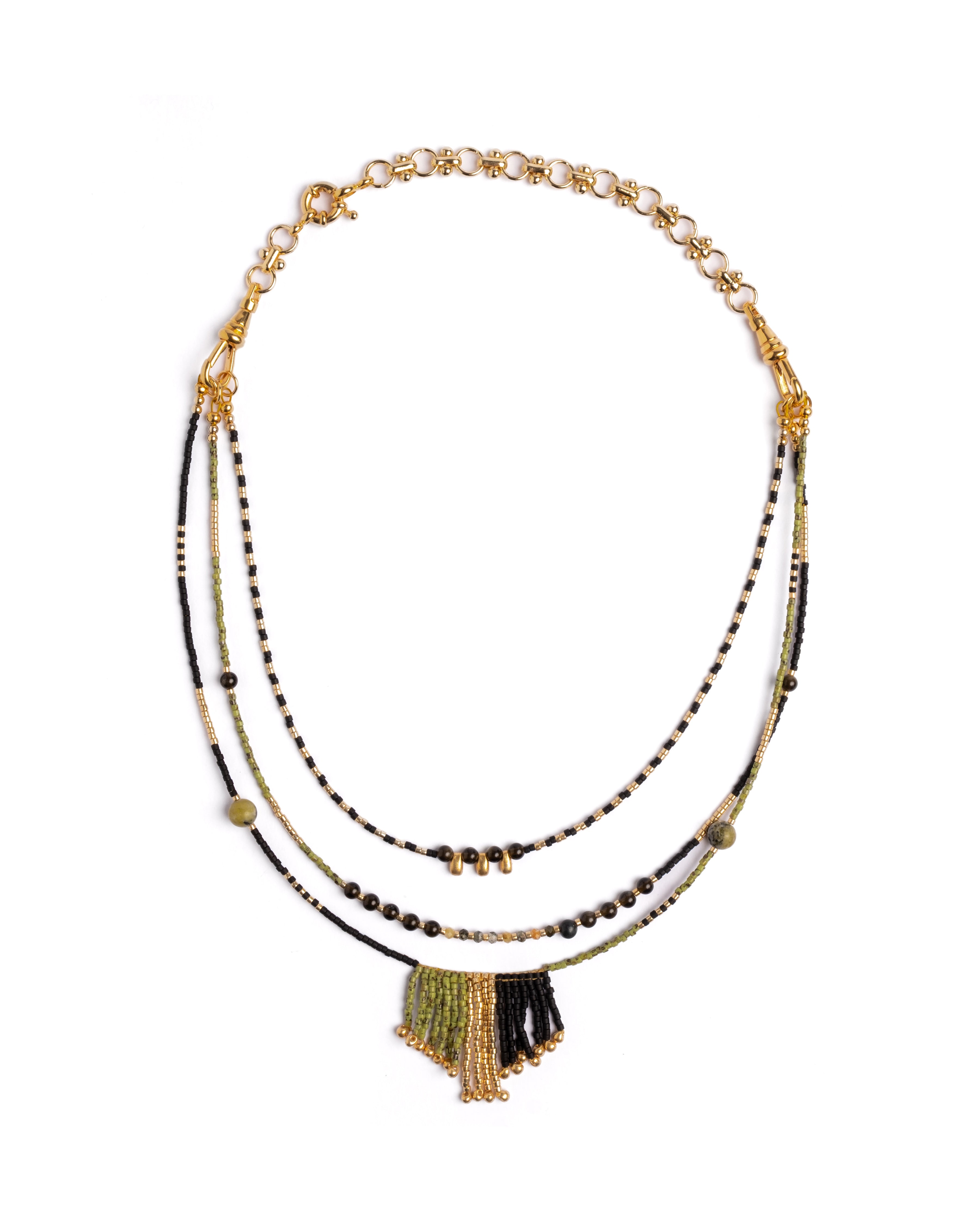 Handwoven Miyuki and Gem Fringe Layering Necklace (Olive)