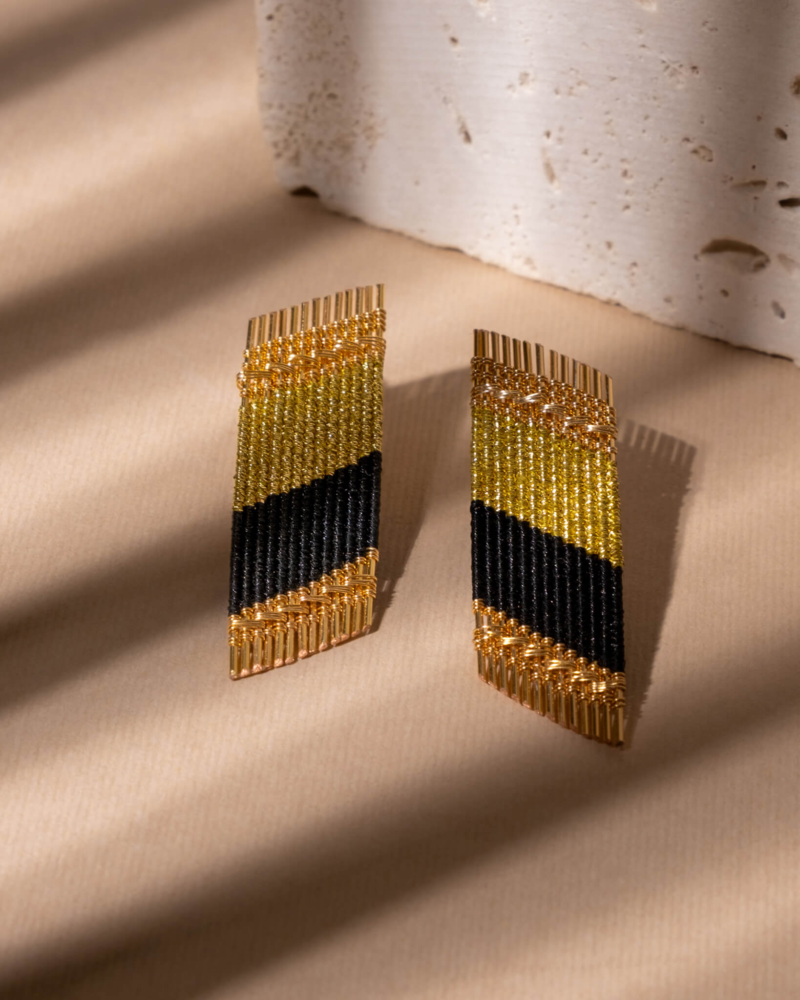 Handwoven Wire Angled Rectangle Earrings (Black/Gold)