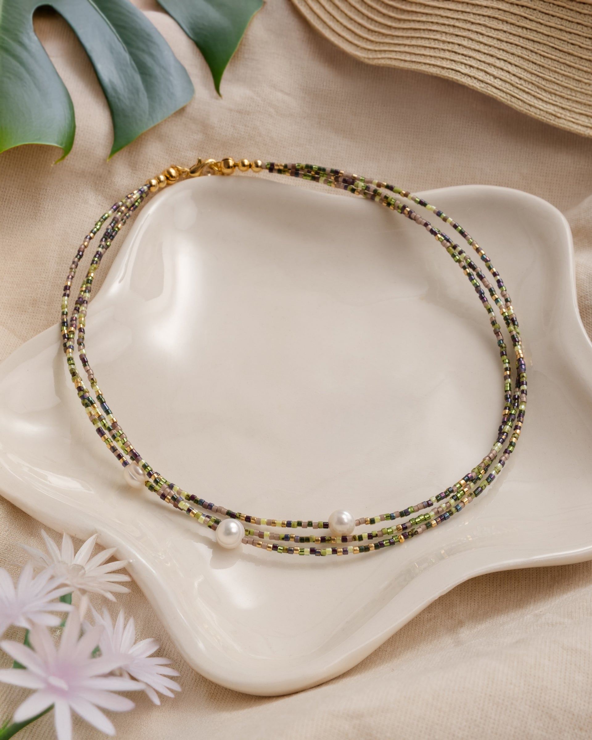 Handwoven Miyuki and Pearl Layering Necklace (Green/Brown)