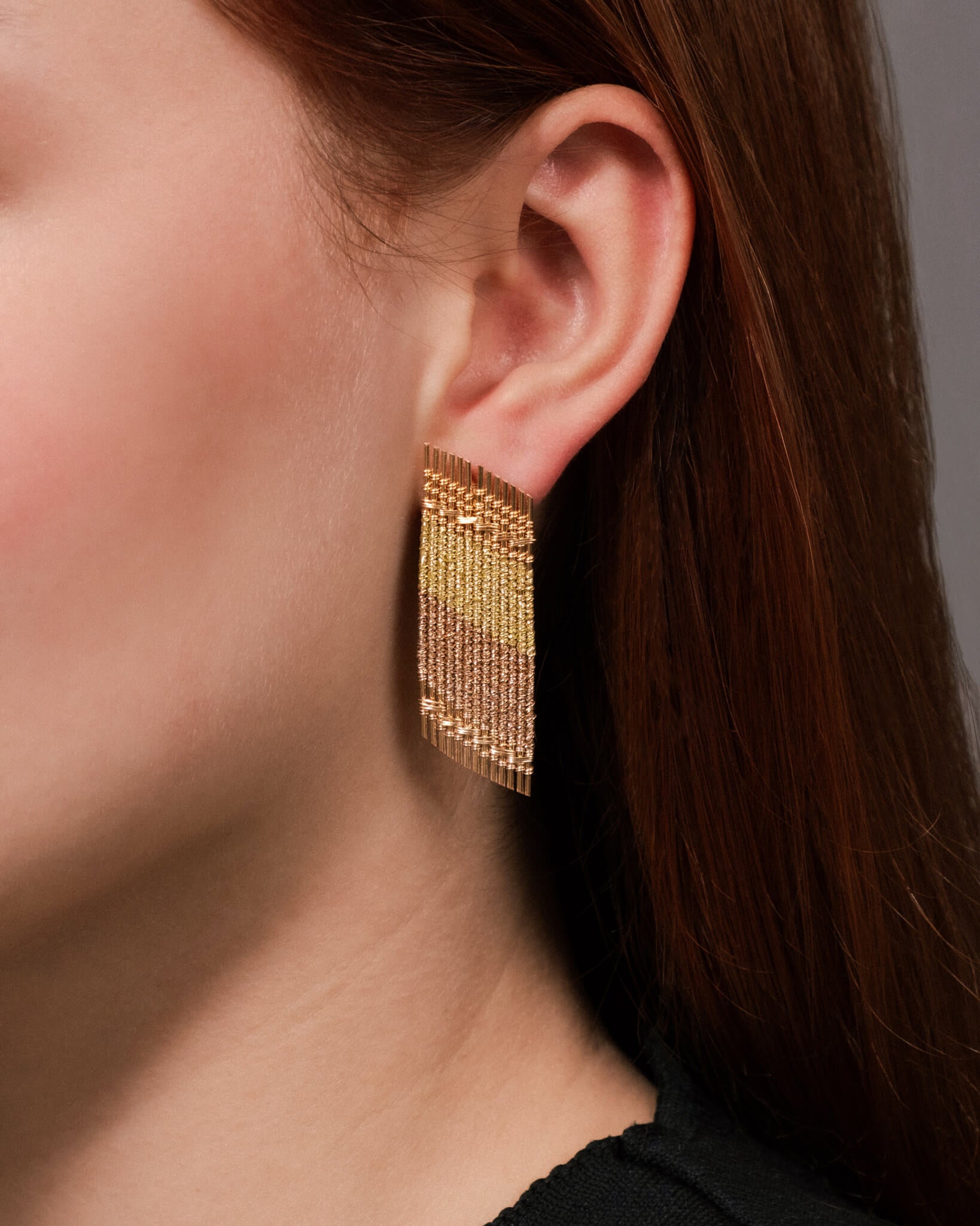 Handwoven Wire Angled Rectangle Earrings (Rose Gold/Gold)