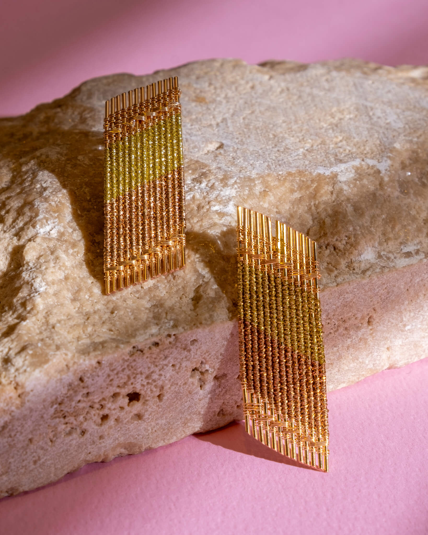 Handwoven Wire Angled Rectangle Earrings (Rose Gold/Gold)