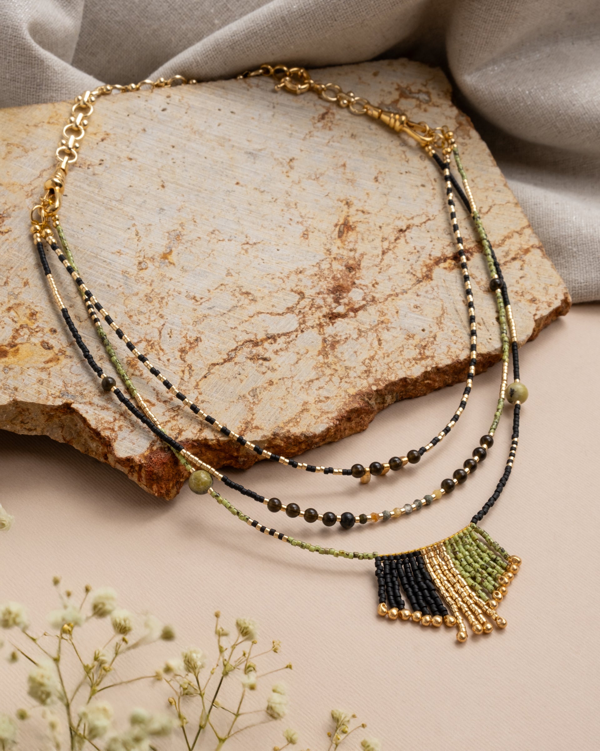 Handwoven Miyuki and Gem Fringe Layering Necklace (Olive)