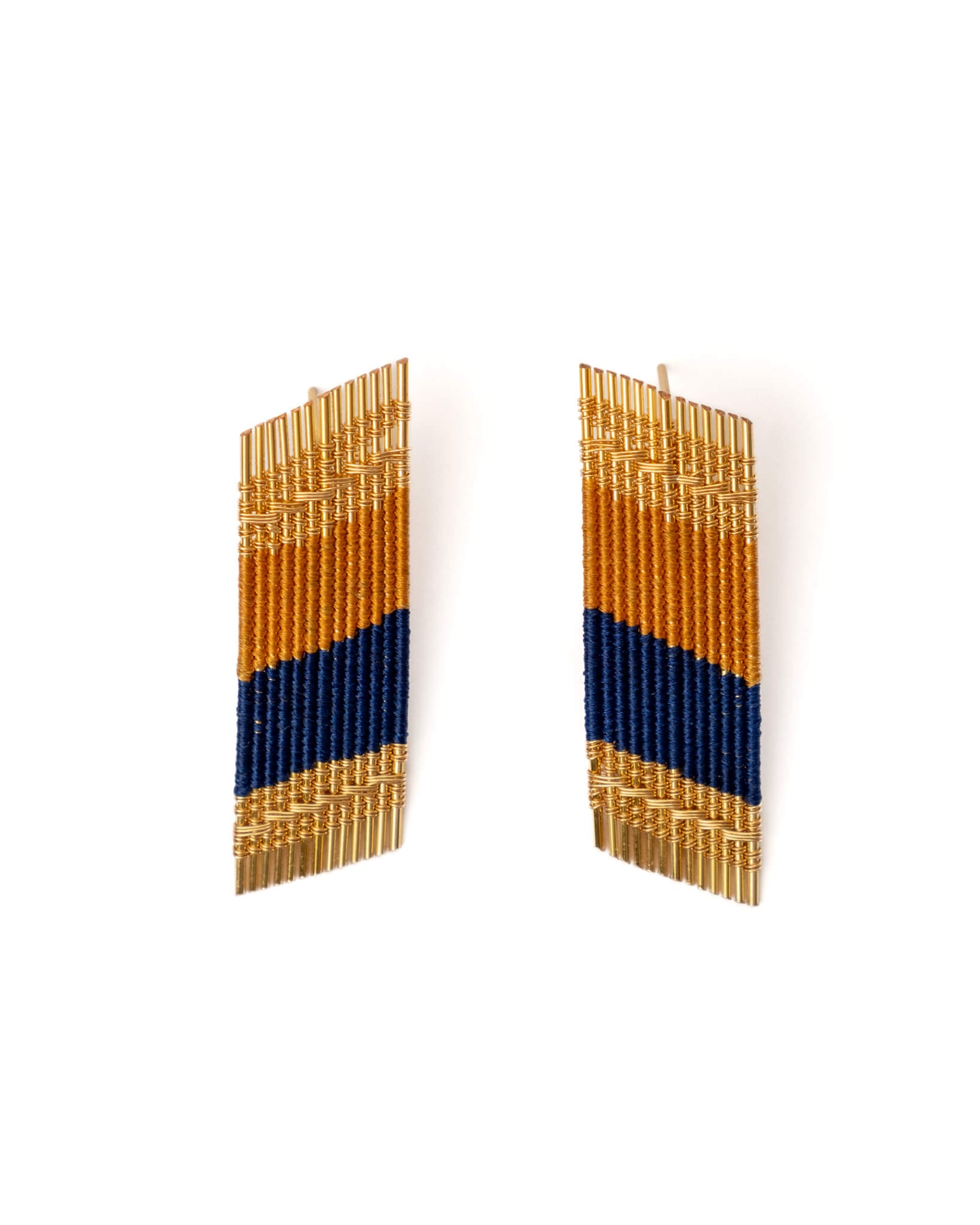 Handwoven Wire Angled Rectangle Earrings (Ochre/Blue)