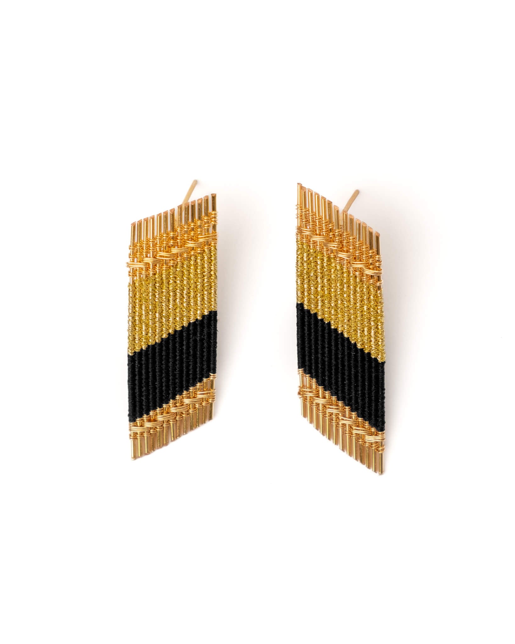 Handwoven Wire Angled Rectangle Earrings (Black/Gold)