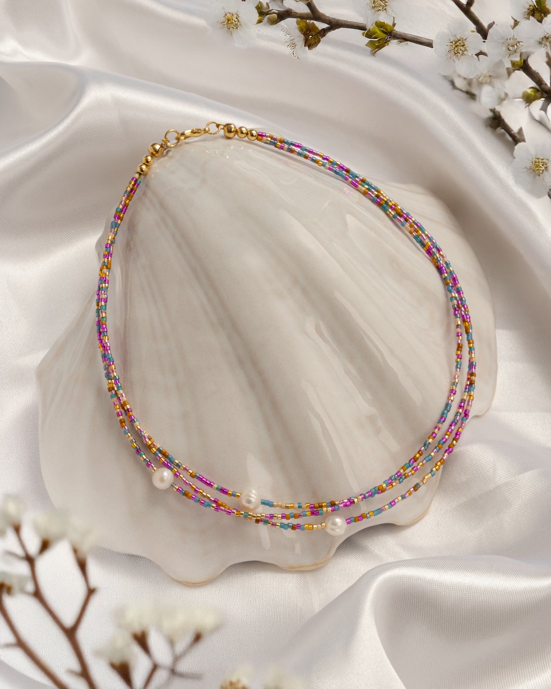 Handwoven Miyuki and Pearl Layering Necklace (Pink/Blue)