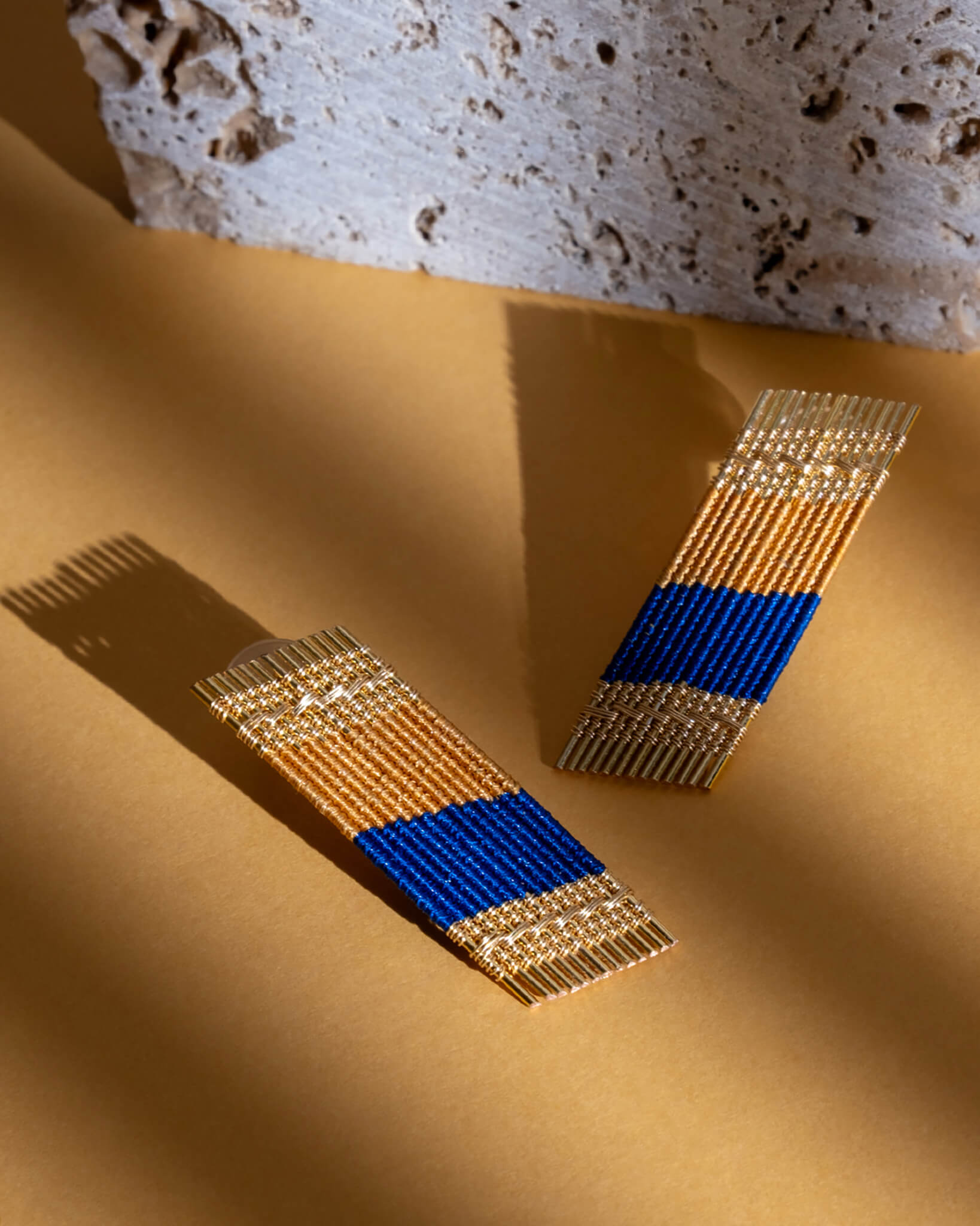 Handwoven Wire Angled Rectangle Earrings (Ochre/Blue)