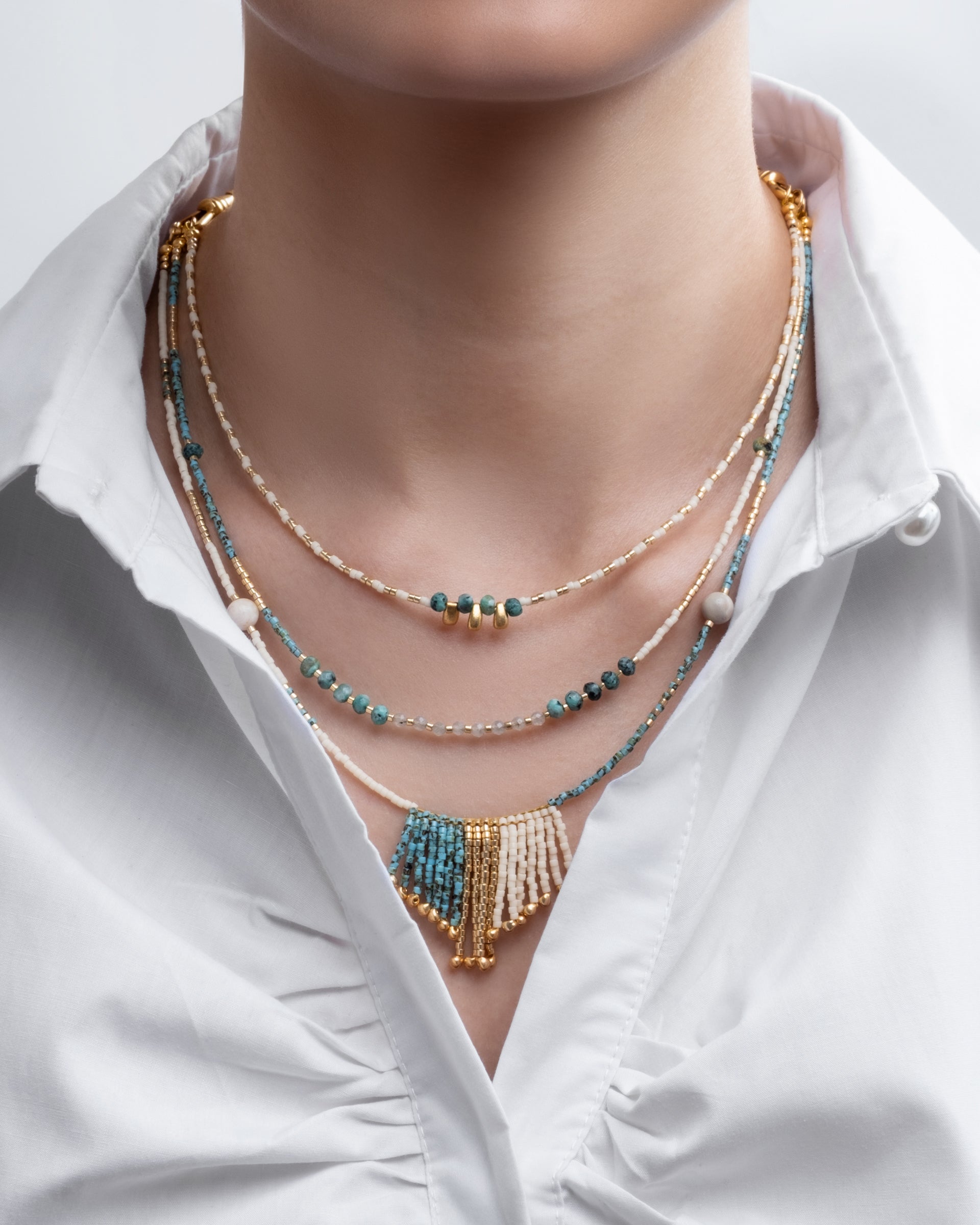 Handwoven Miyuki and Gem Fringe Layering Necklace (Aqua)