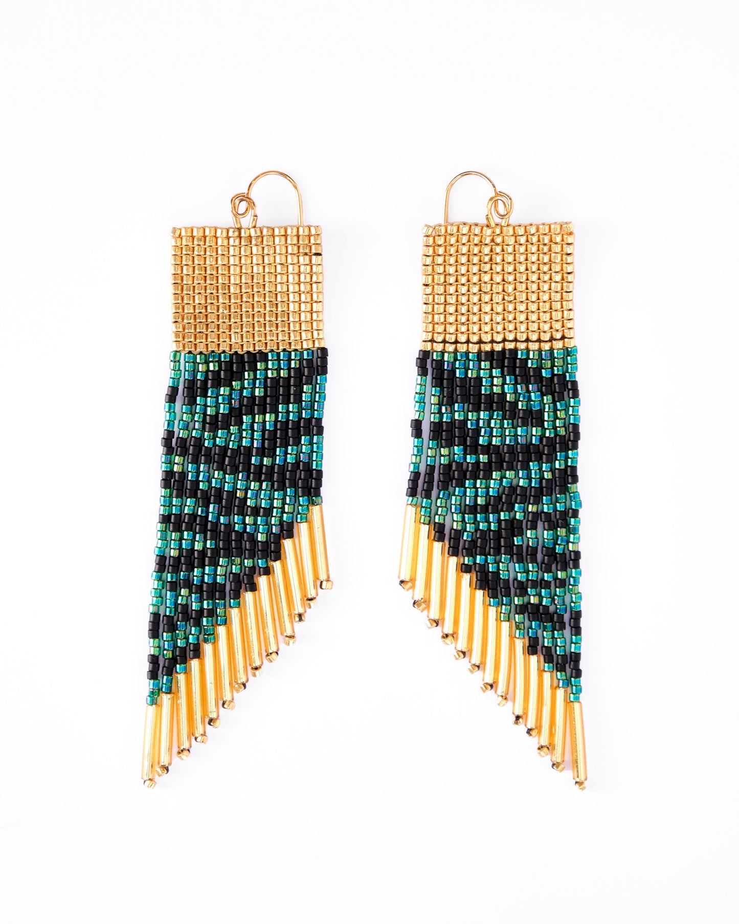 Beaded Handwoven Golden Zebra Fringe Earrings