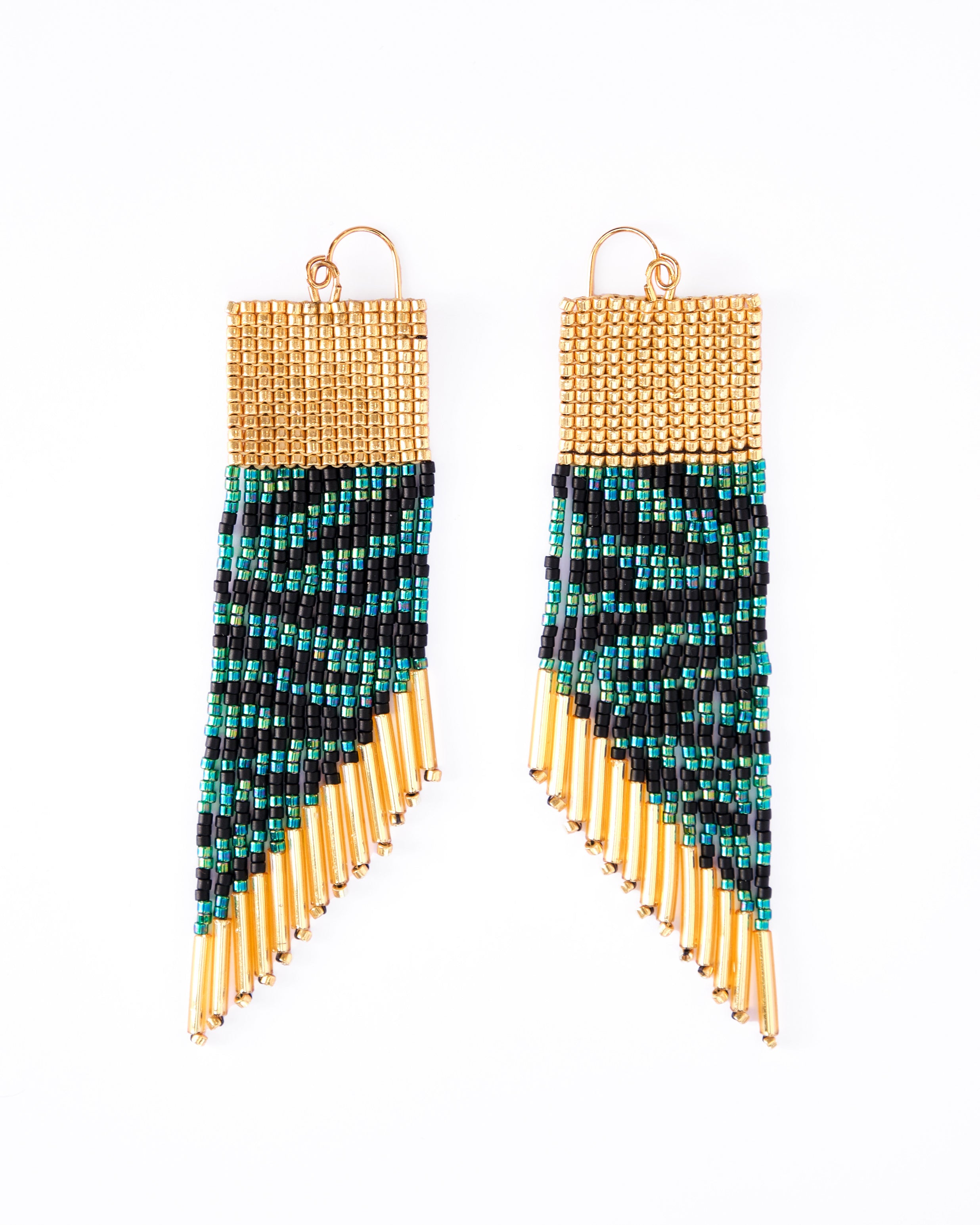 Beaded Handwoven Golden Zebra Fringe Earrings - Green/Black