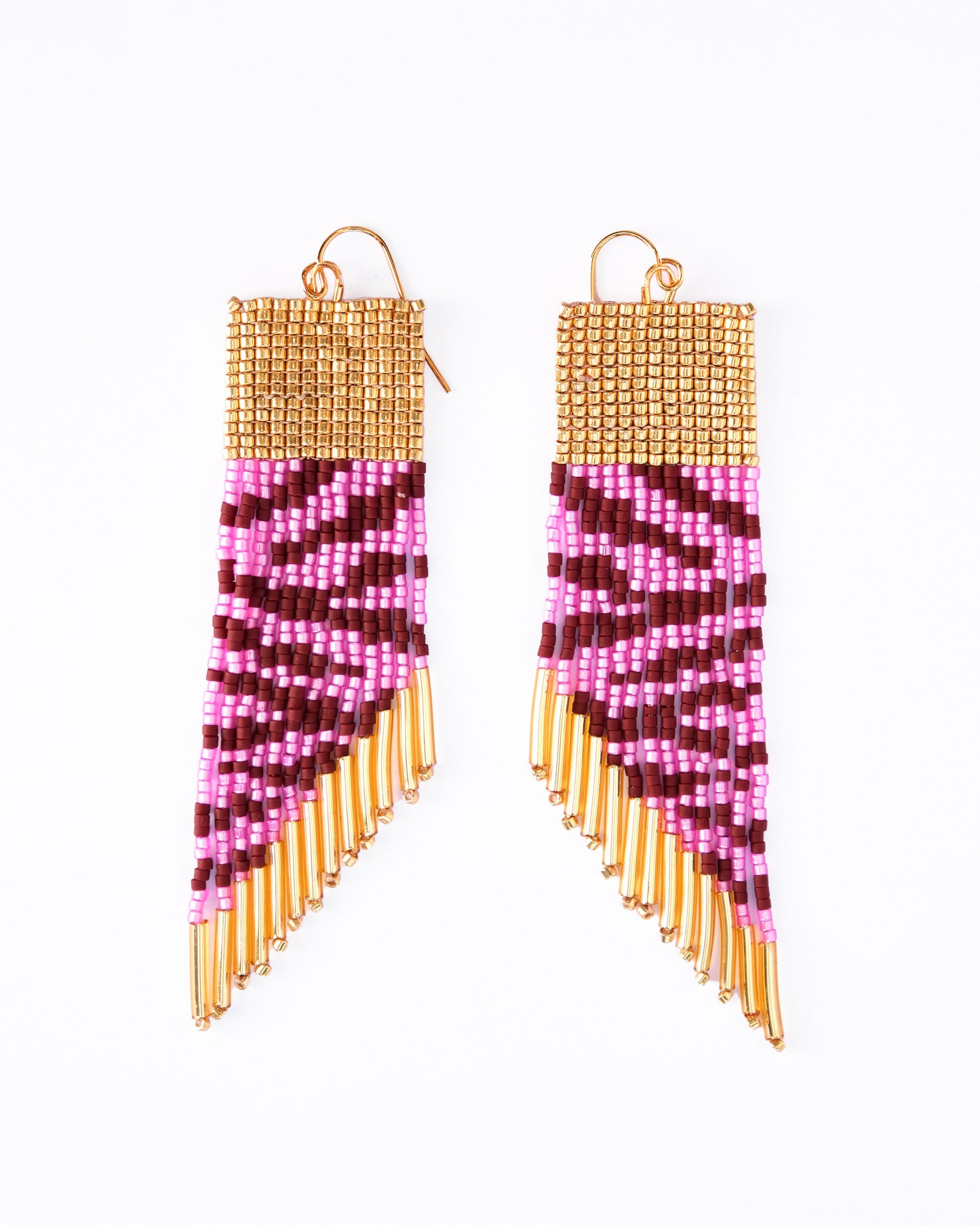 Beaded Handwoven Golden Zebra Fringe Earrings