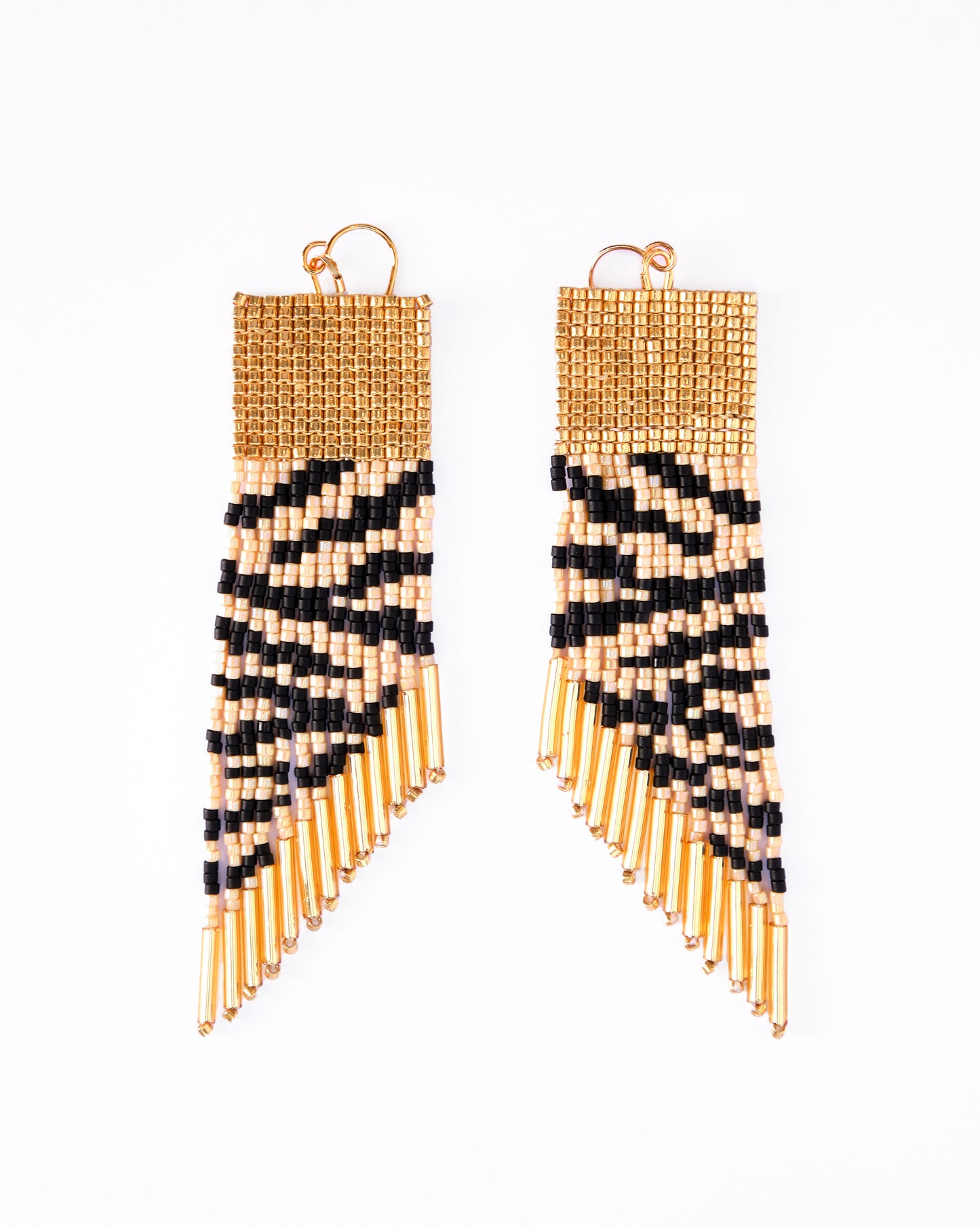 Beaded Handwoven Golden Zebra Fringe Earrings