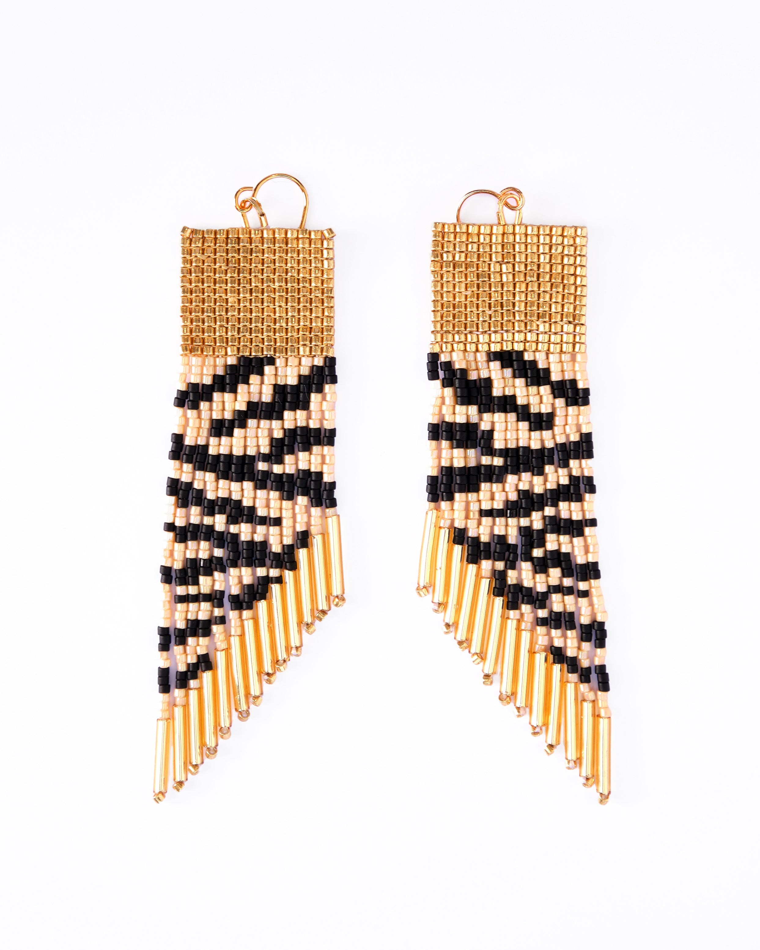 Beaded Handwoven Golden Zebra Fringe Earrings - Cream/Black