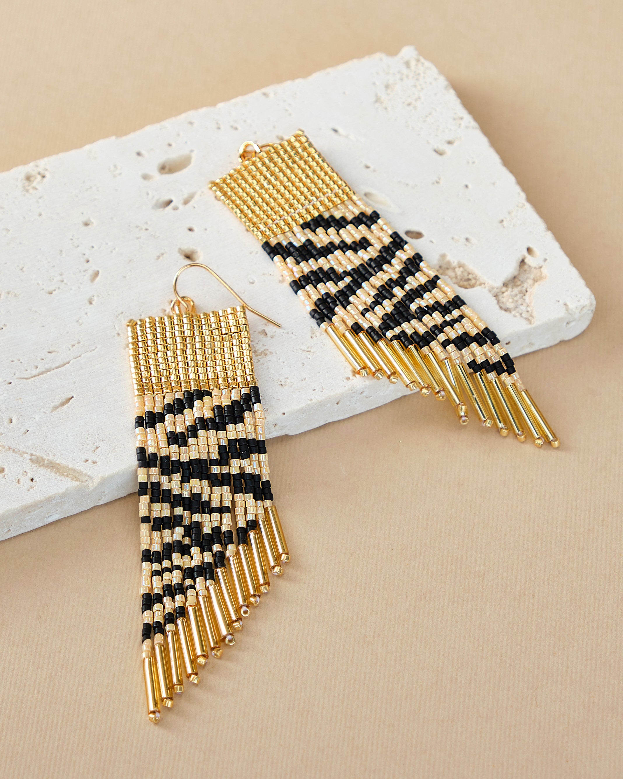 Beaded Handwoven Golden Zebra Fringe Earrings - Cream/Black