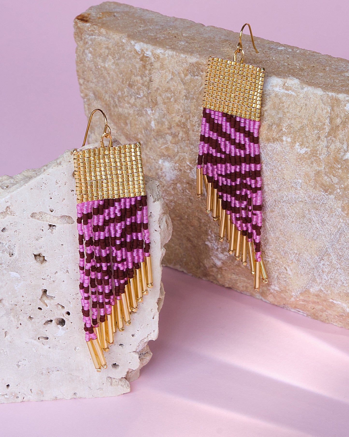 Beaded Handwoven Golden Zebra Fringe Earrings