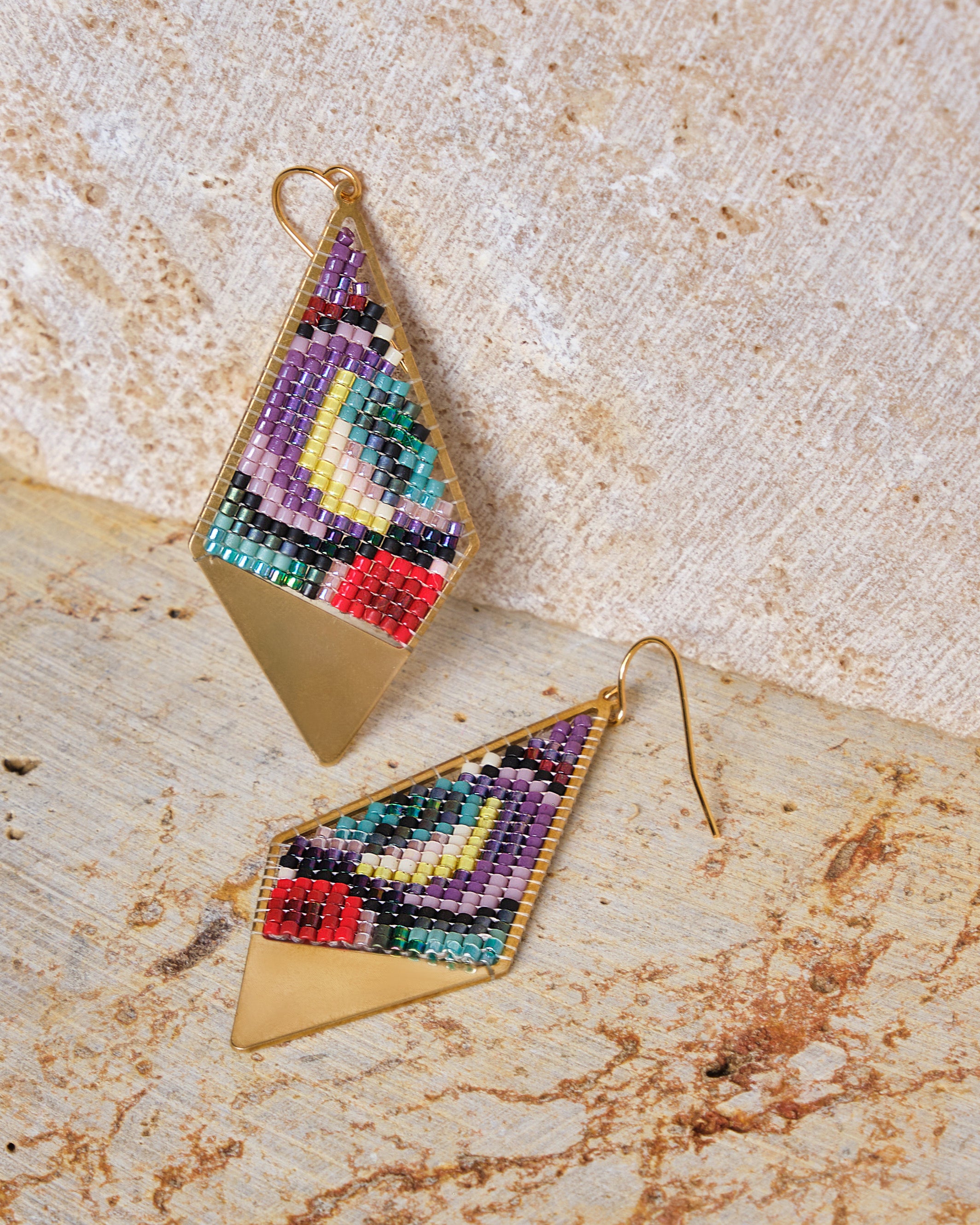 Beaded Handwoven Kaleidoscope Kite Earrings - Red/Purple