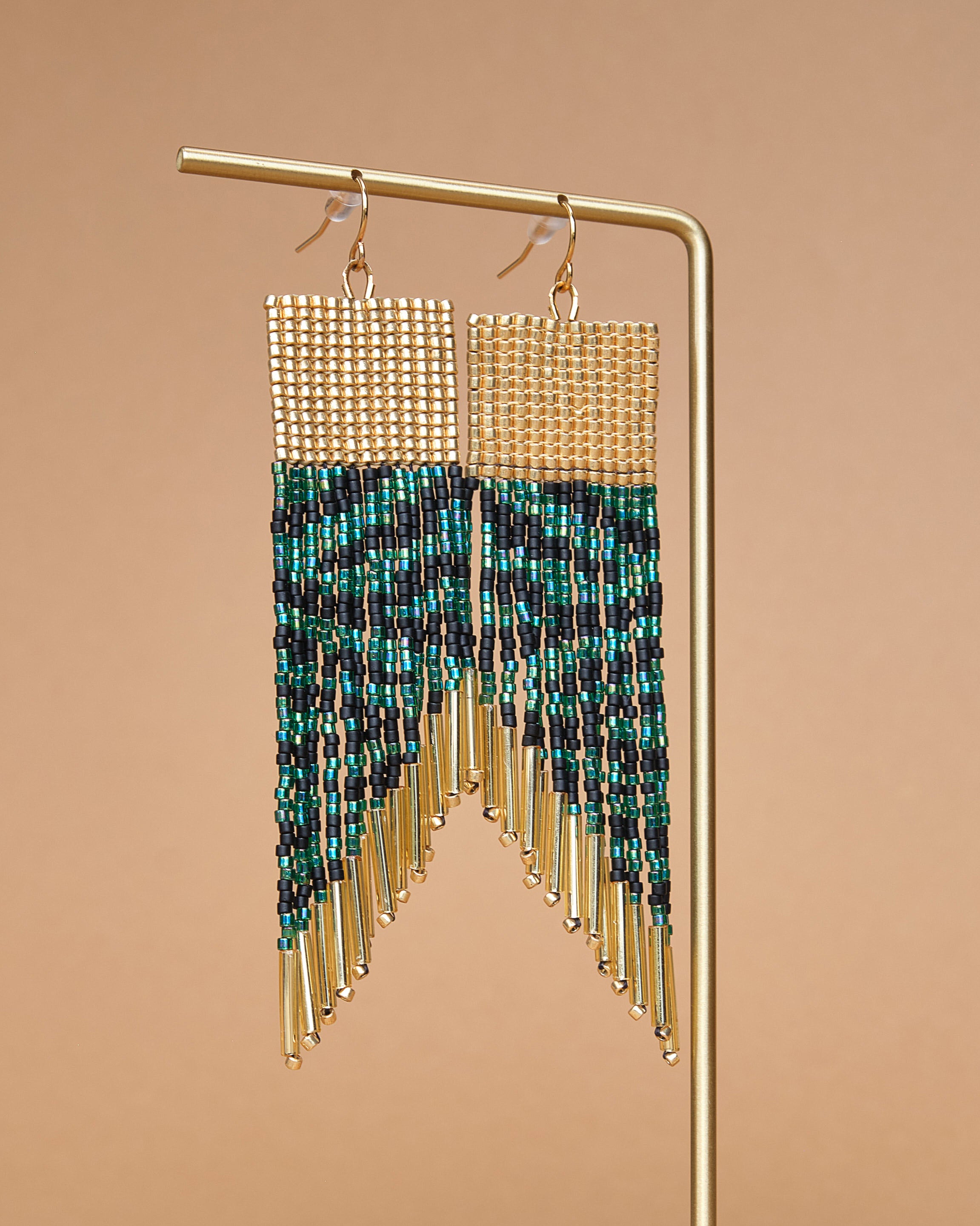 Beaded Handwoven Golden Zebra Fringe Earrings - Green/Black