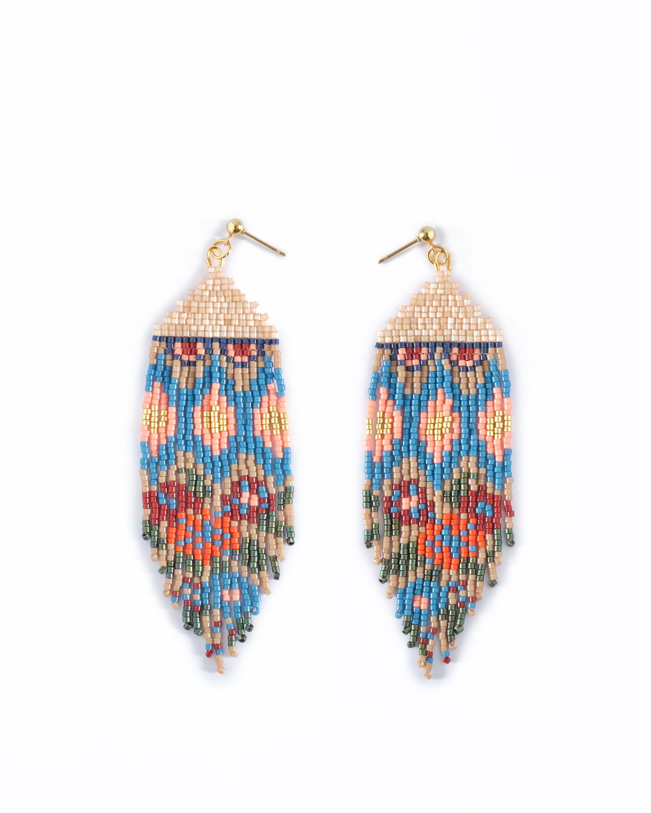 Beaded Handwoven Huipil Fringe Earrings - Ocean Sunset