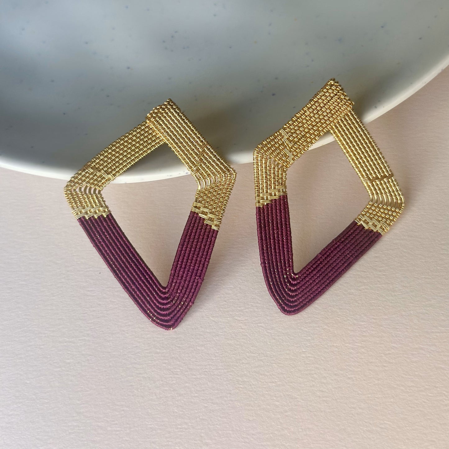 Handwoven Wire and Cord Triangle Earring