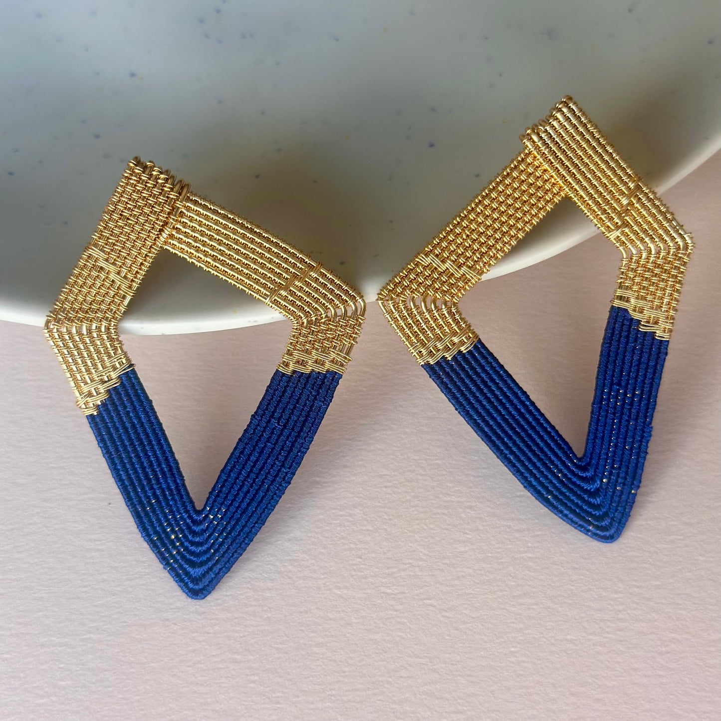 Handwoven Wire and Cord Triangle Earring