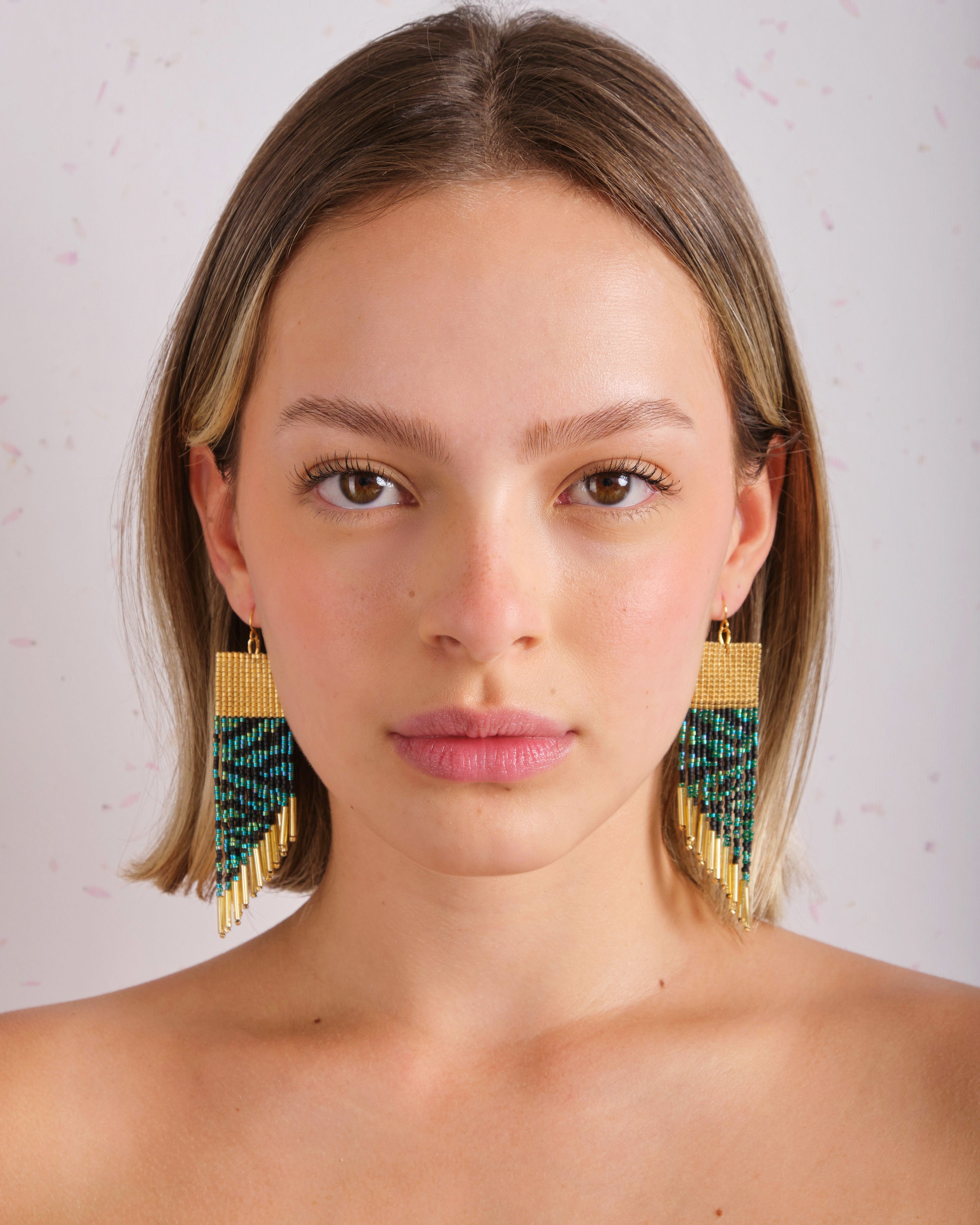 Beaded Handwoven Golden Zebra Fringe Earrings - Green/Black