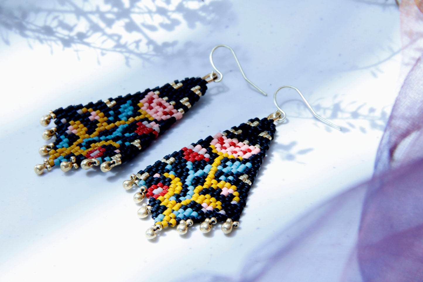 Handwoven Beaded Night Bloom Drop Earrings