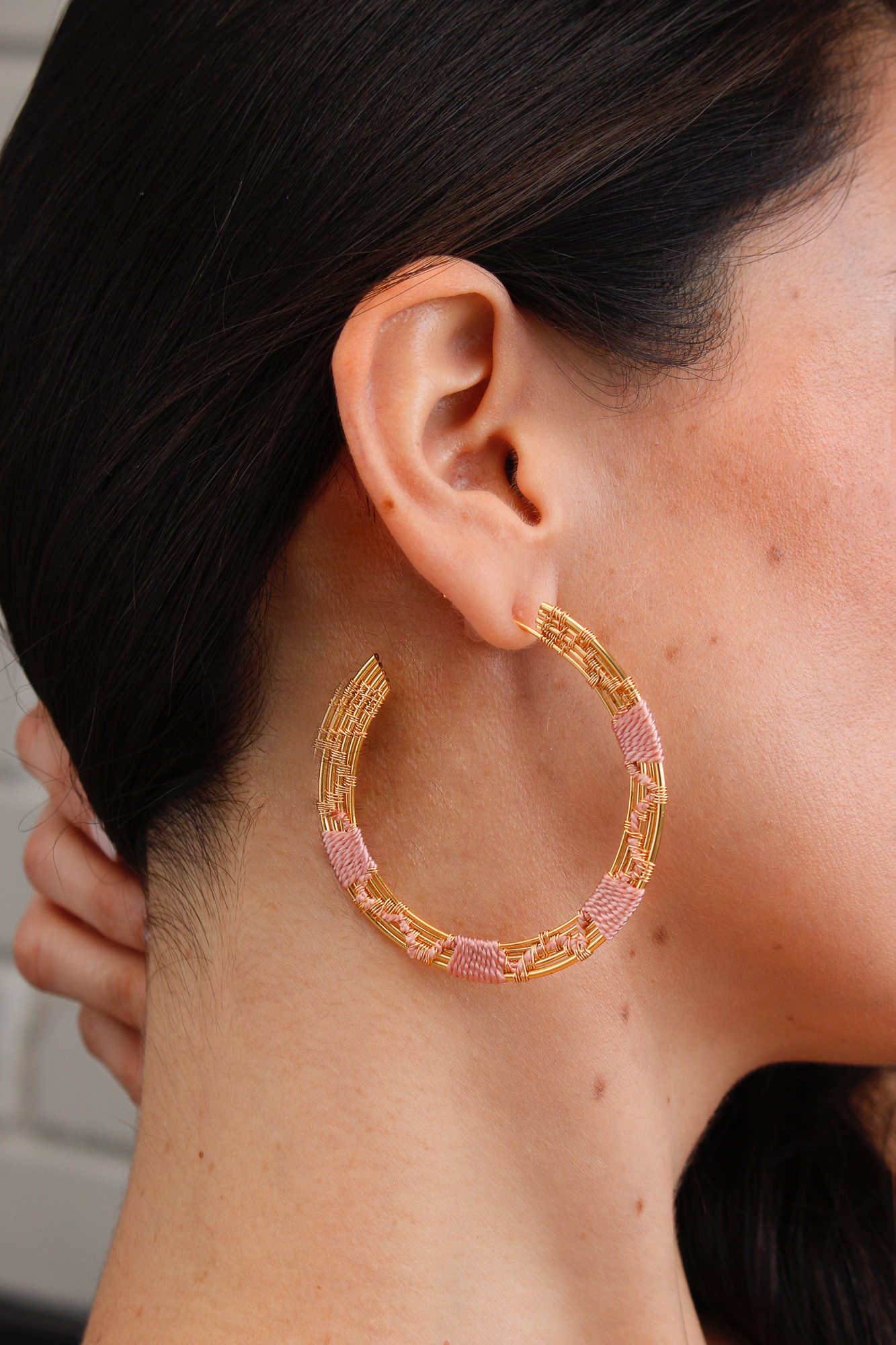 Handwoven Wire and Cord Sideview Hoop Earrings