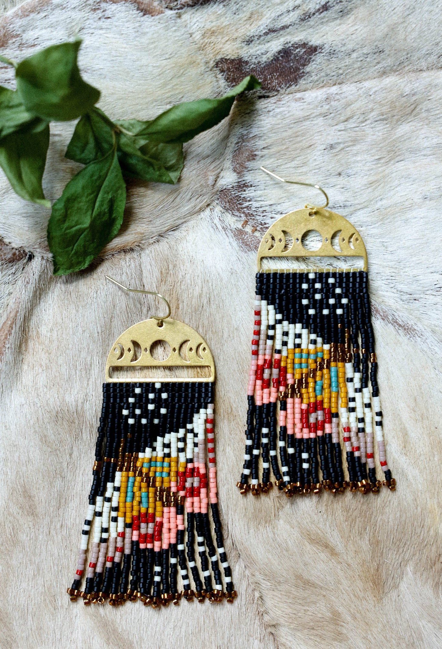 Handwoven Beaded Moonlit Moth Fringe Earrings