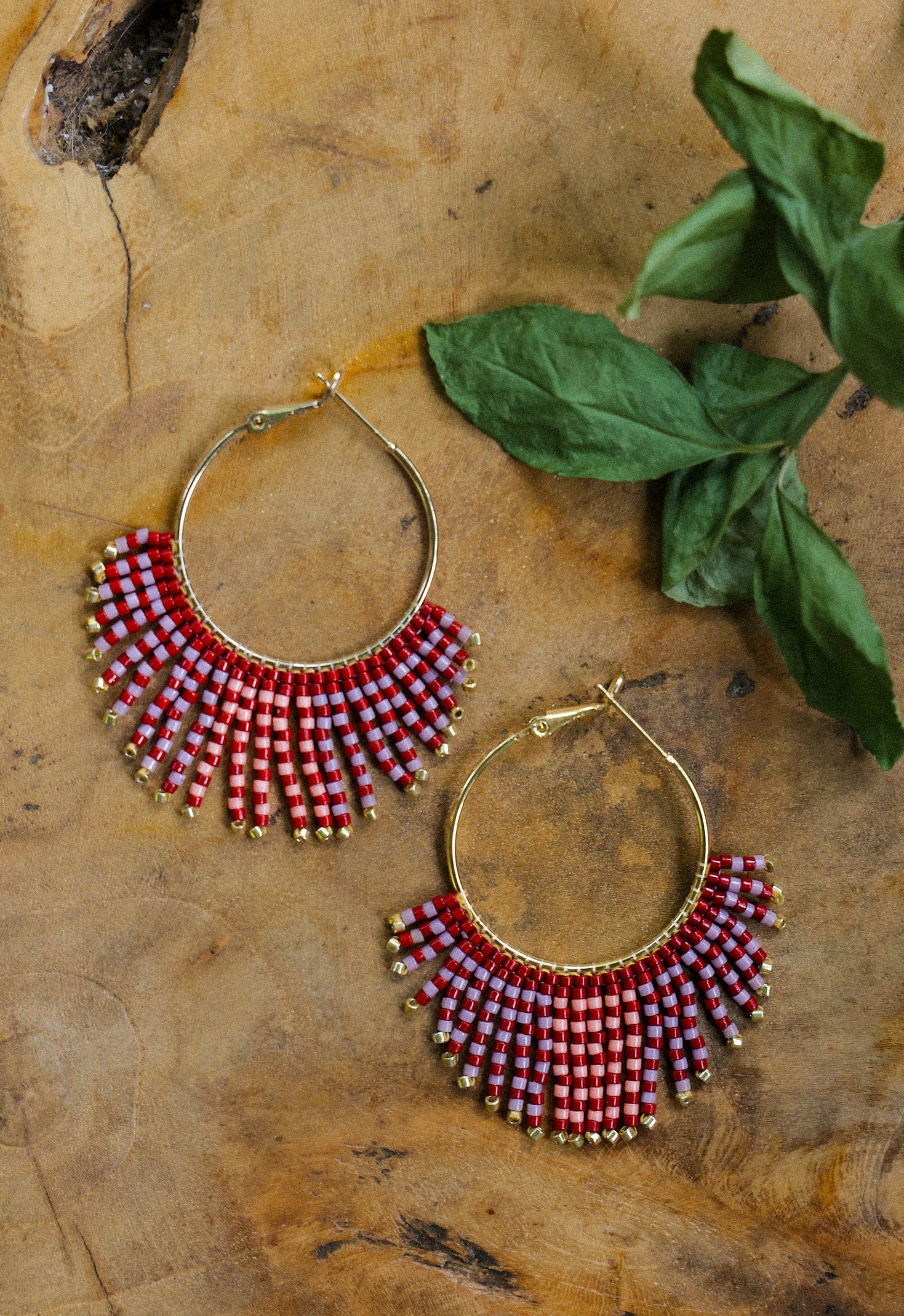 Handwoven Beaded Feathered Hoop Earrings