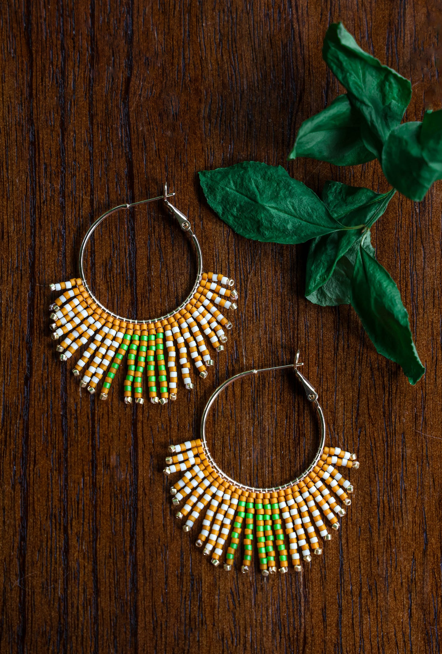 Handwoven Beaded Feathered Hoop Earrings