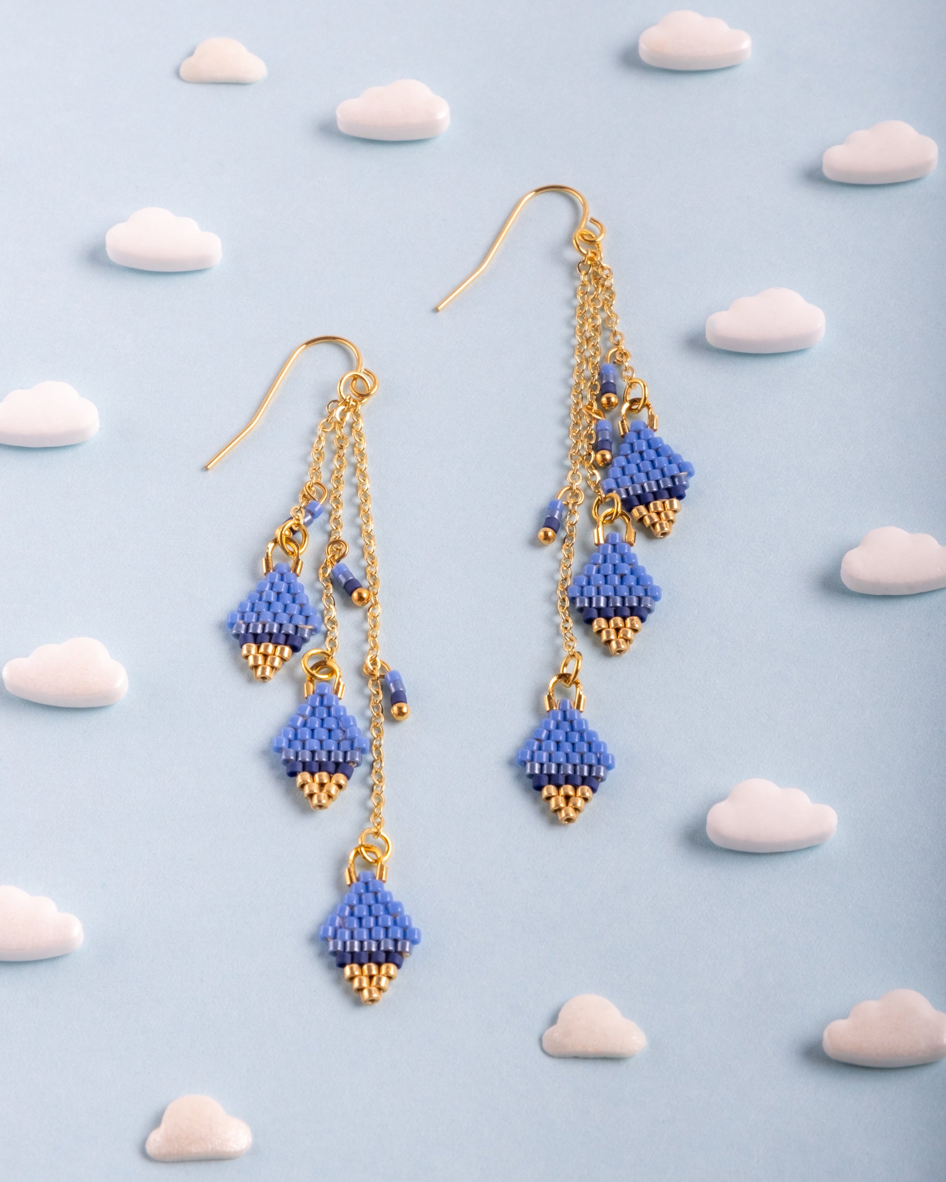 Beaded Handwoven Candy Gem and Chain Dangle Earrings - Blue