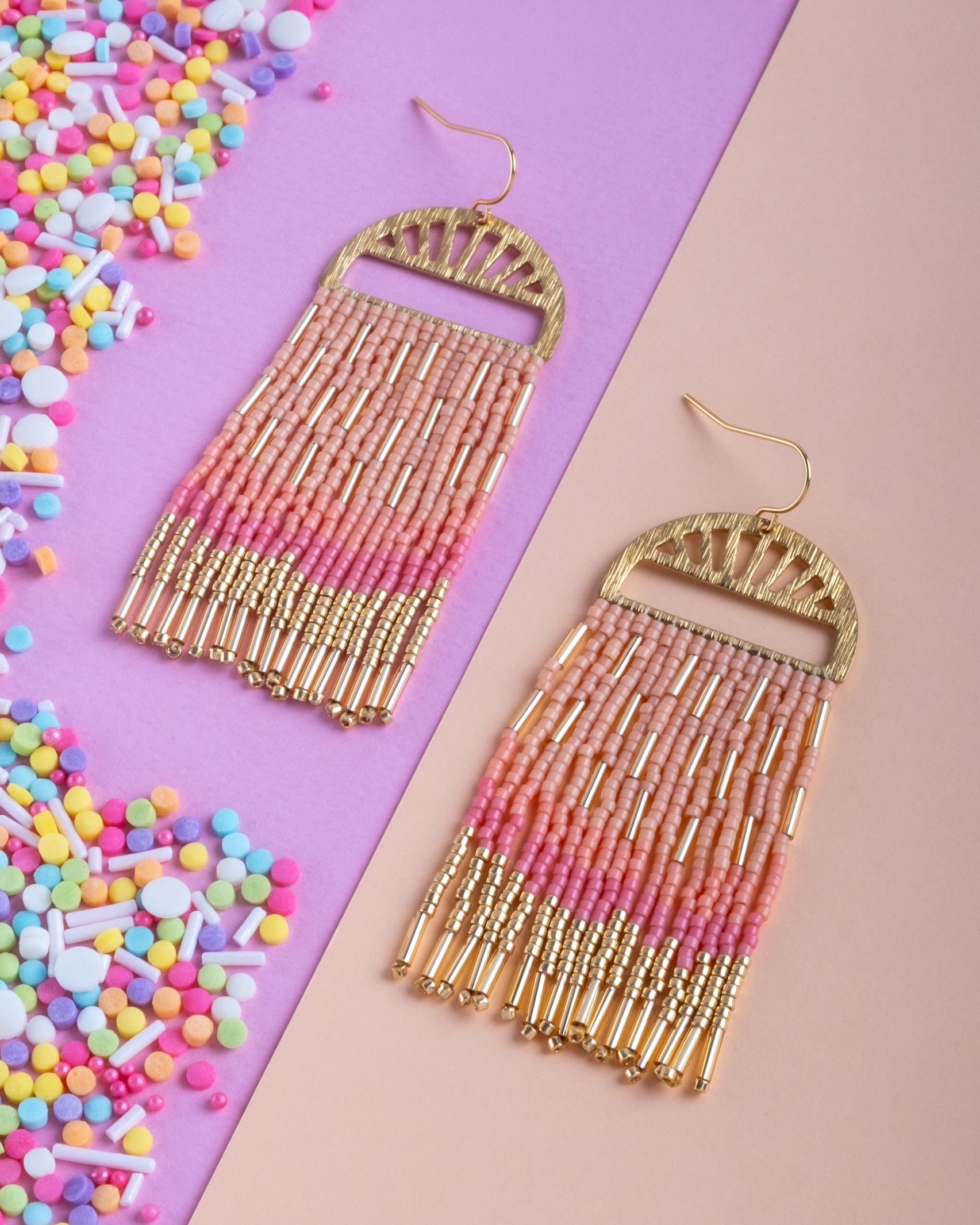 Beaded Handwoven Sprinkle Fringe Earrings - Peach