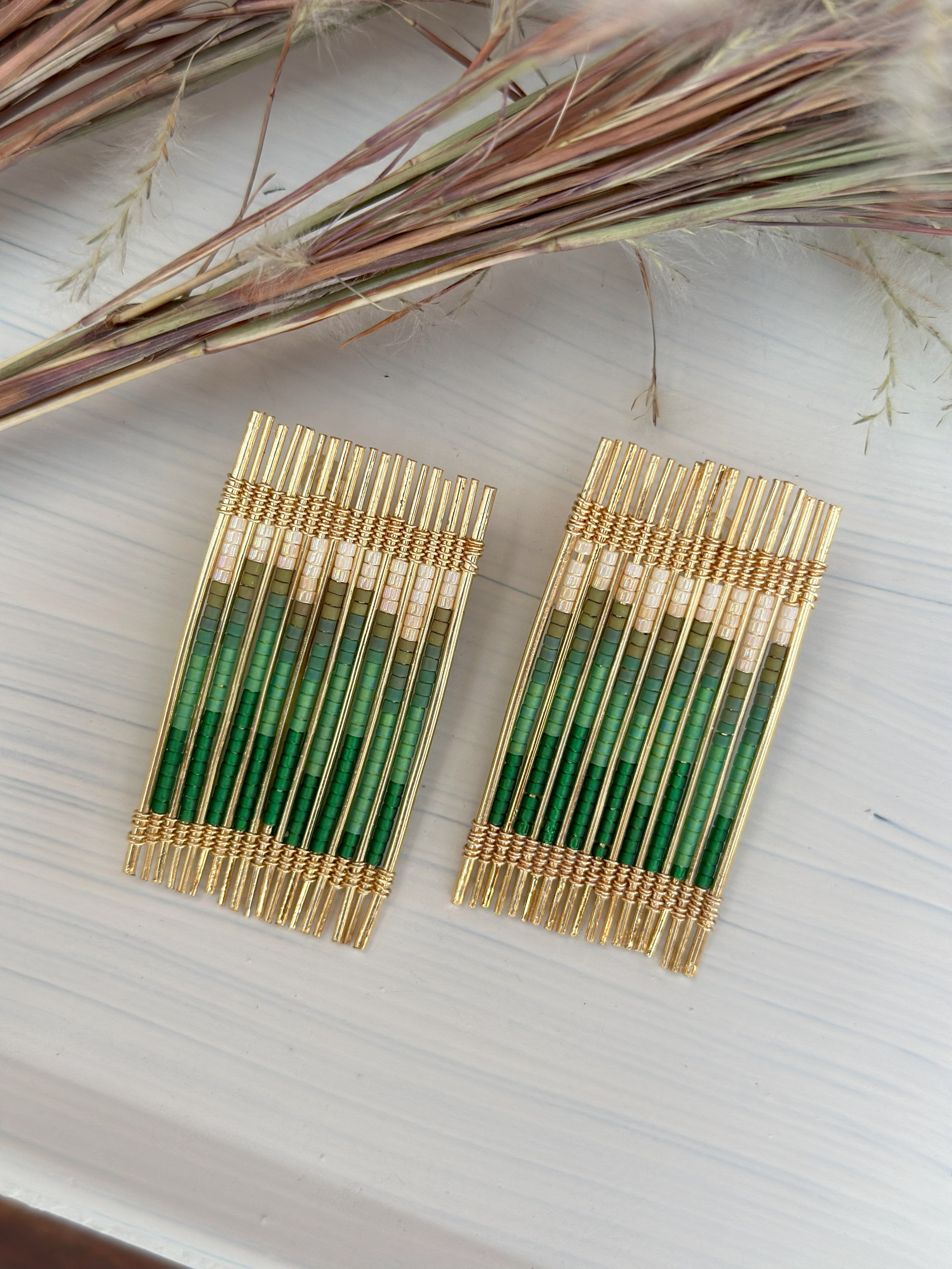Handwoven Wire and Bead Ombre Rectangle Earrings