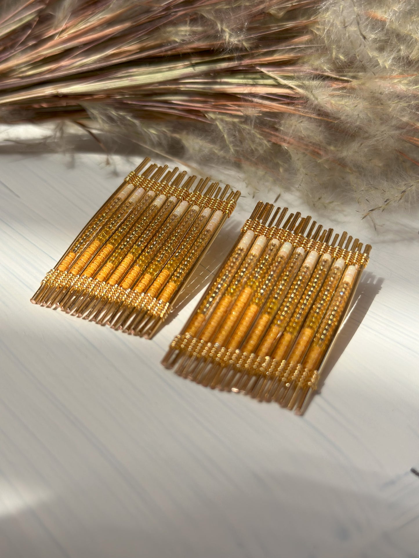 Handwoven Wire and Bead Ombre Rectangle Earrings