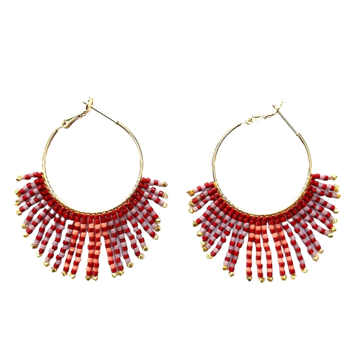 Handwoven Beaded Feathered Hoop Earrings