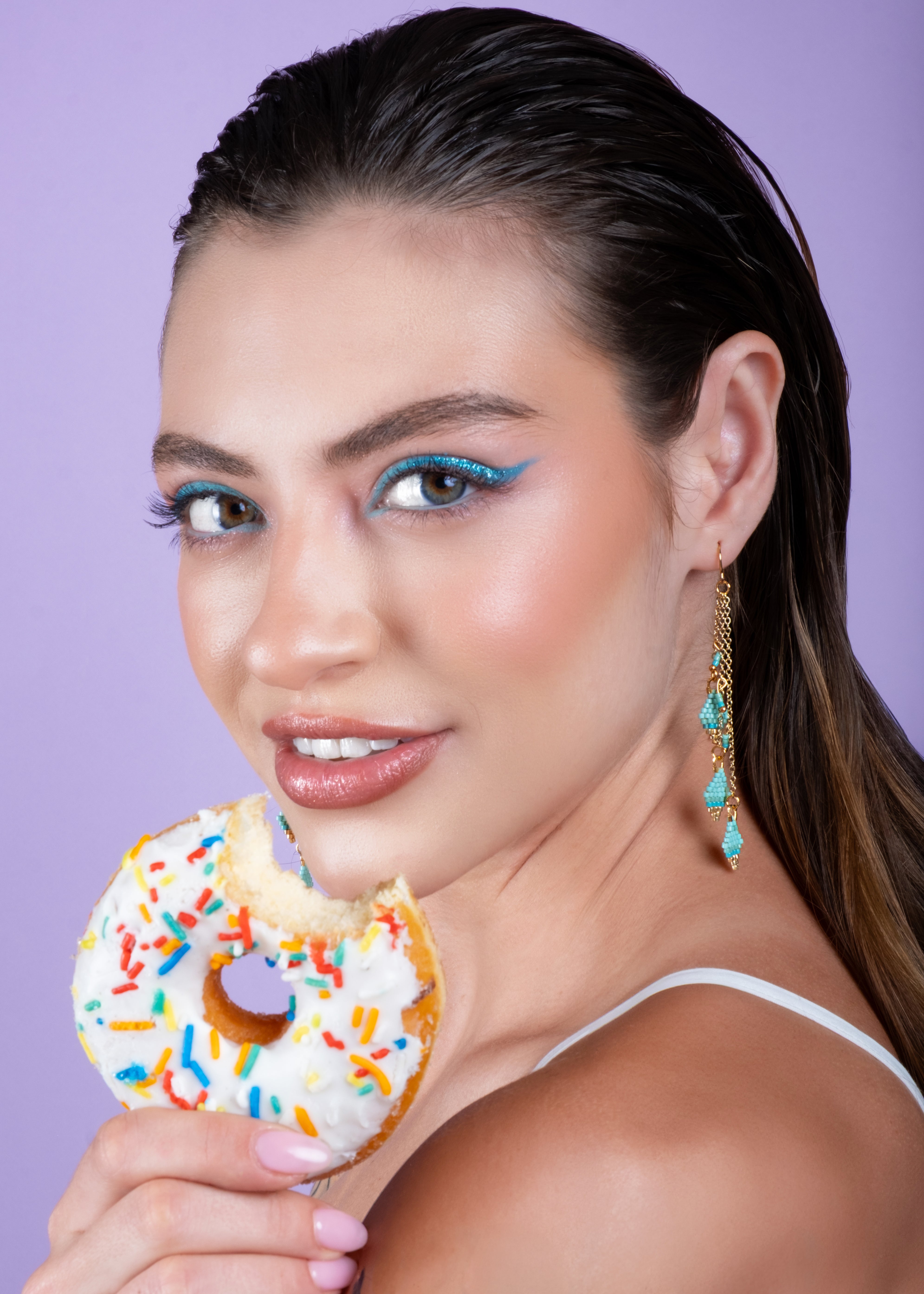 Beaded Handwoven Candy Gem and Chain Dangle Earrings - Blue