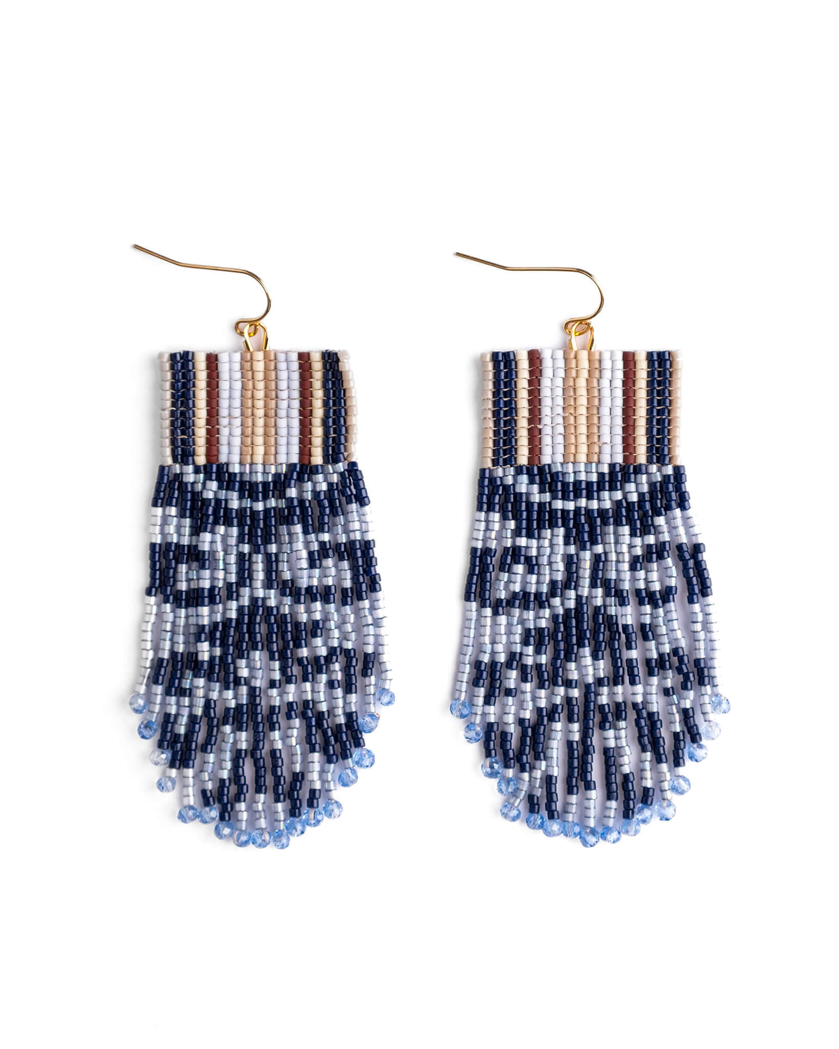 Beaded earrings with a striped pattern on a white background