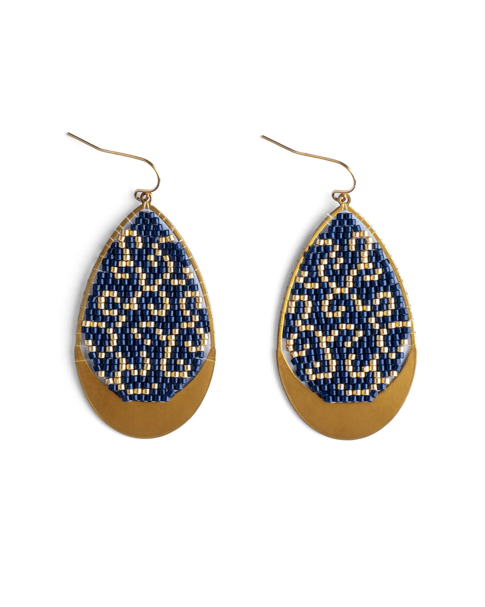 Teardrop-shaped earrings with blue and gold pattern on a white background