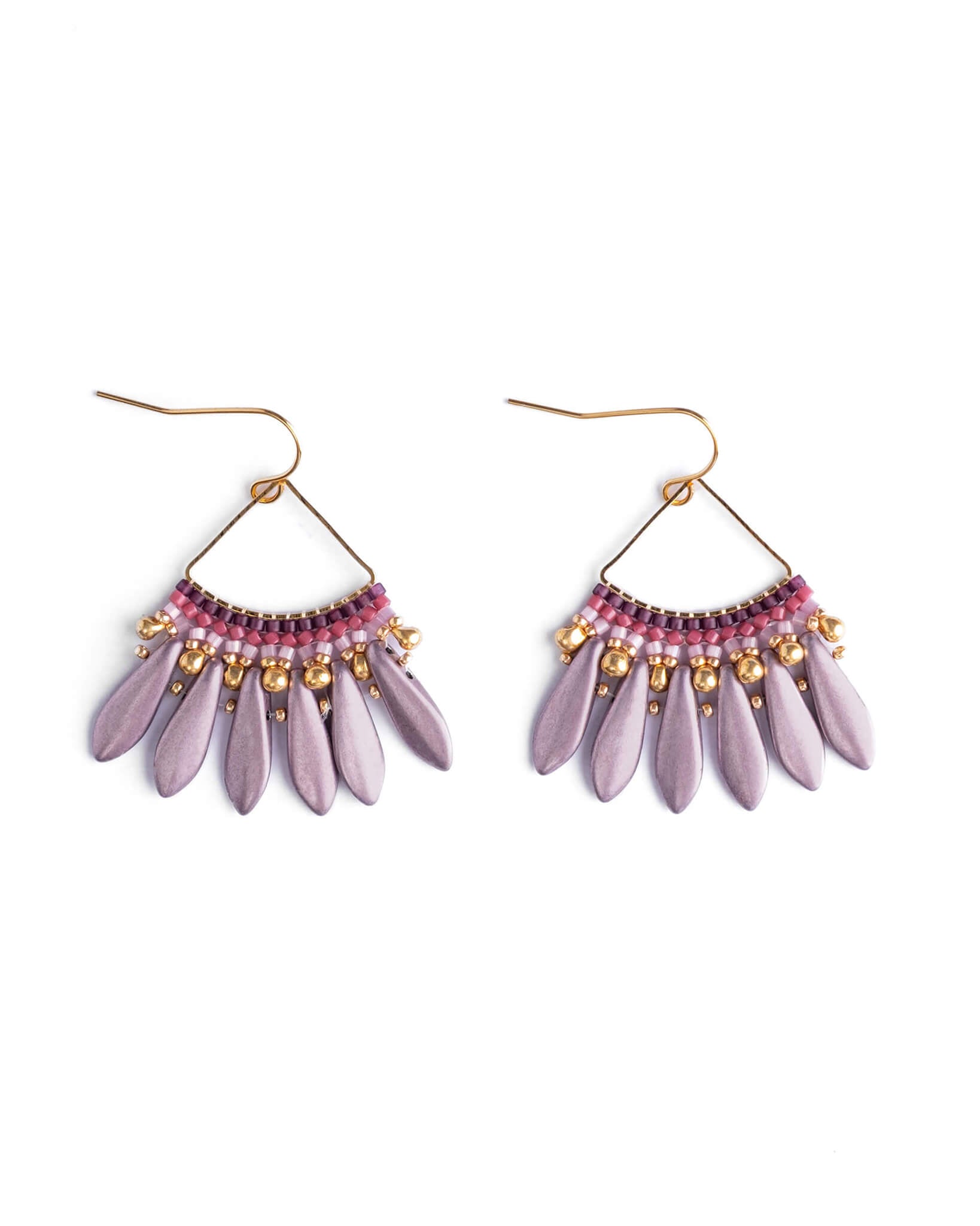 Pair of purple feather-shaped earrings with gold accents on a white background