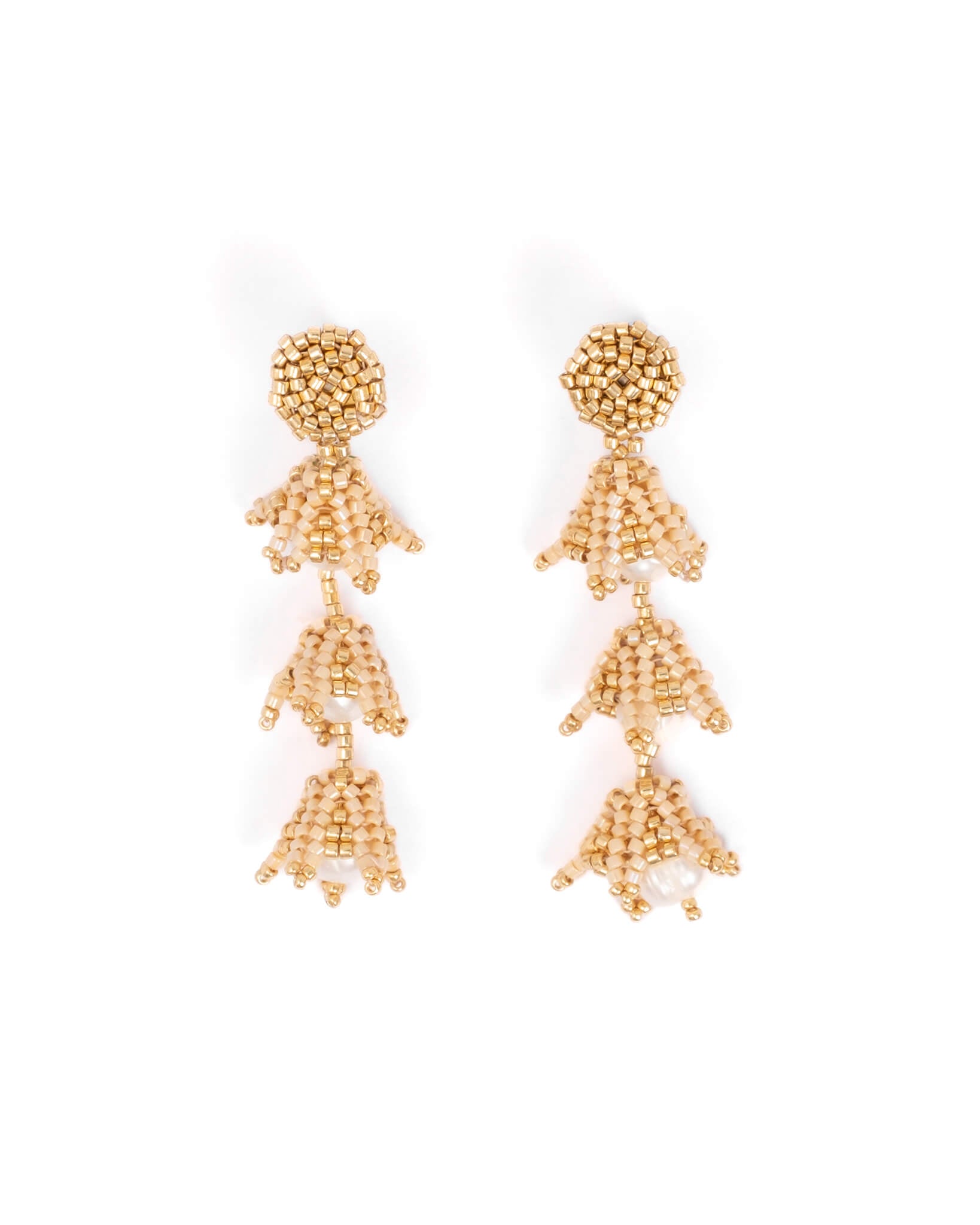 Beaded Handwoven Bell Drop and Pearl Earrings - Cream