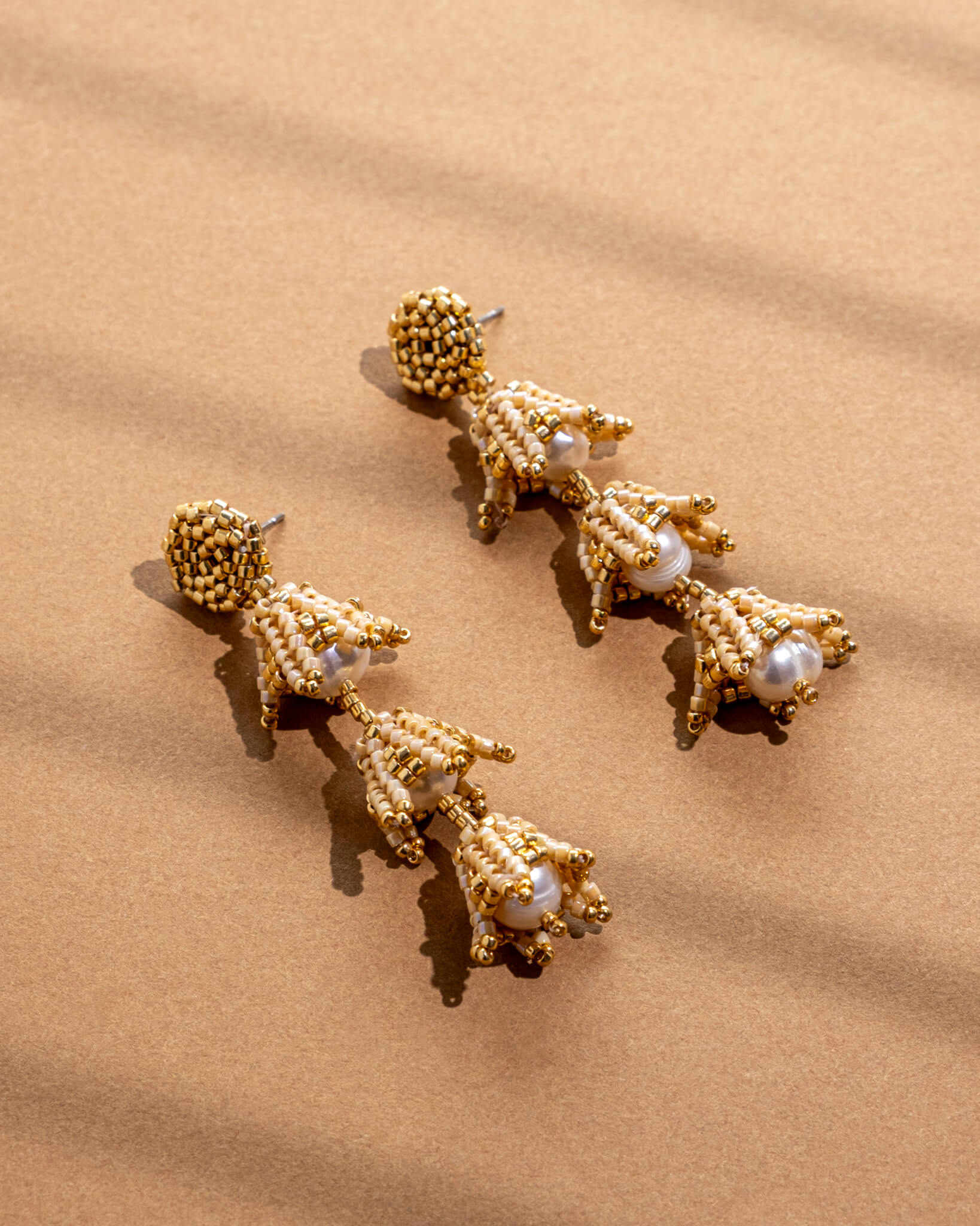 Beaded Handwoven Bell Drop and Pearl Earrings - Cream