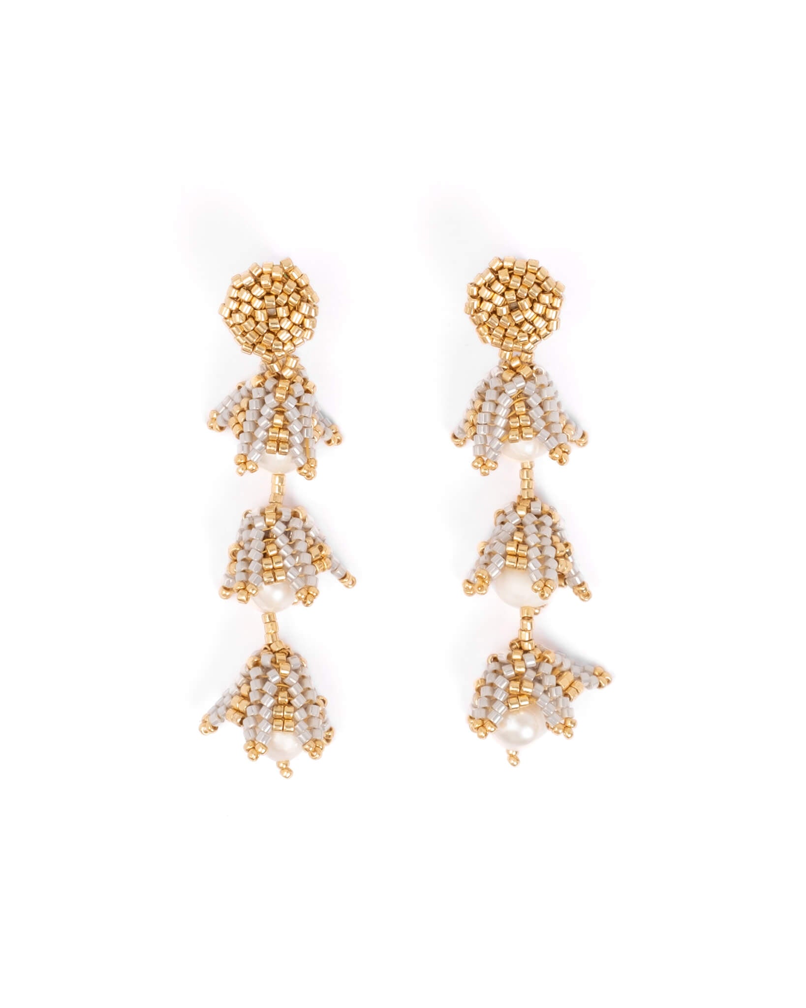 Beaded Handwoven Bell Drop and Pearl Earrings - Silver