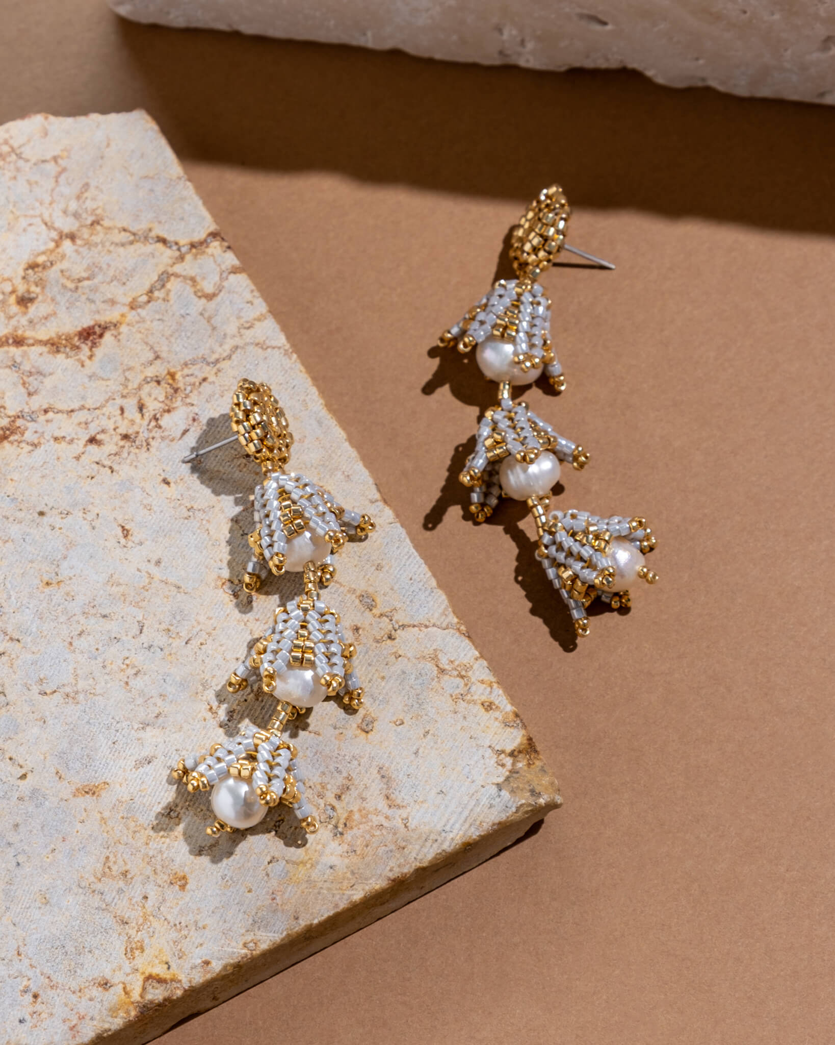 Beaded Handwoven Bell Drop and Pearl Earrings - Silver