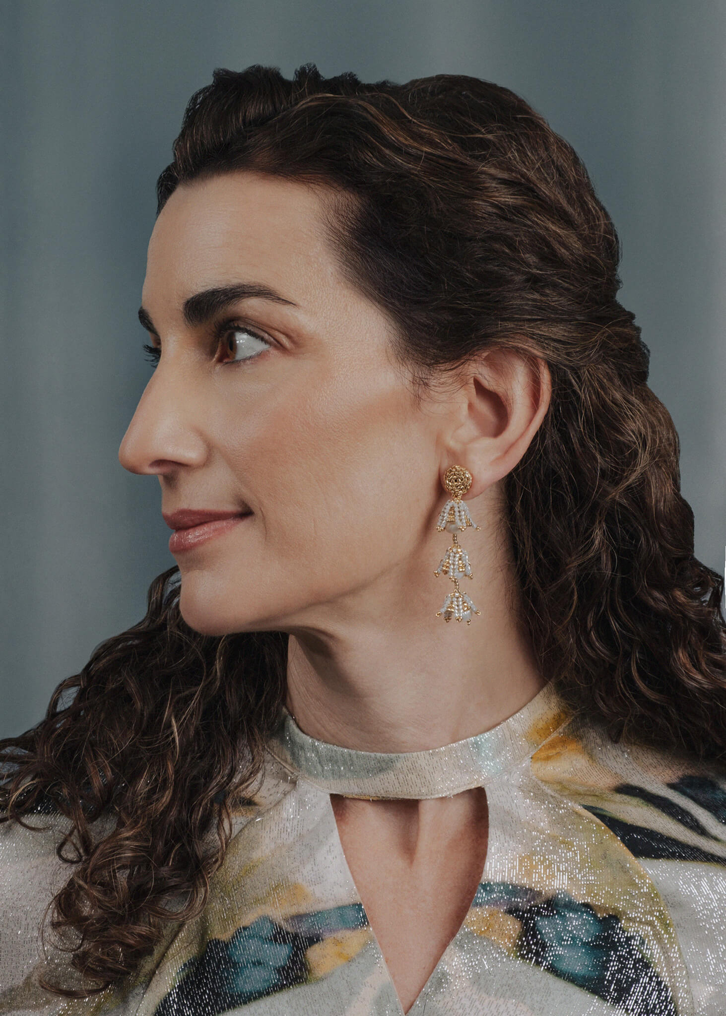 Beaded Handwoven Bell Drop and Pearl Earrings - Cream