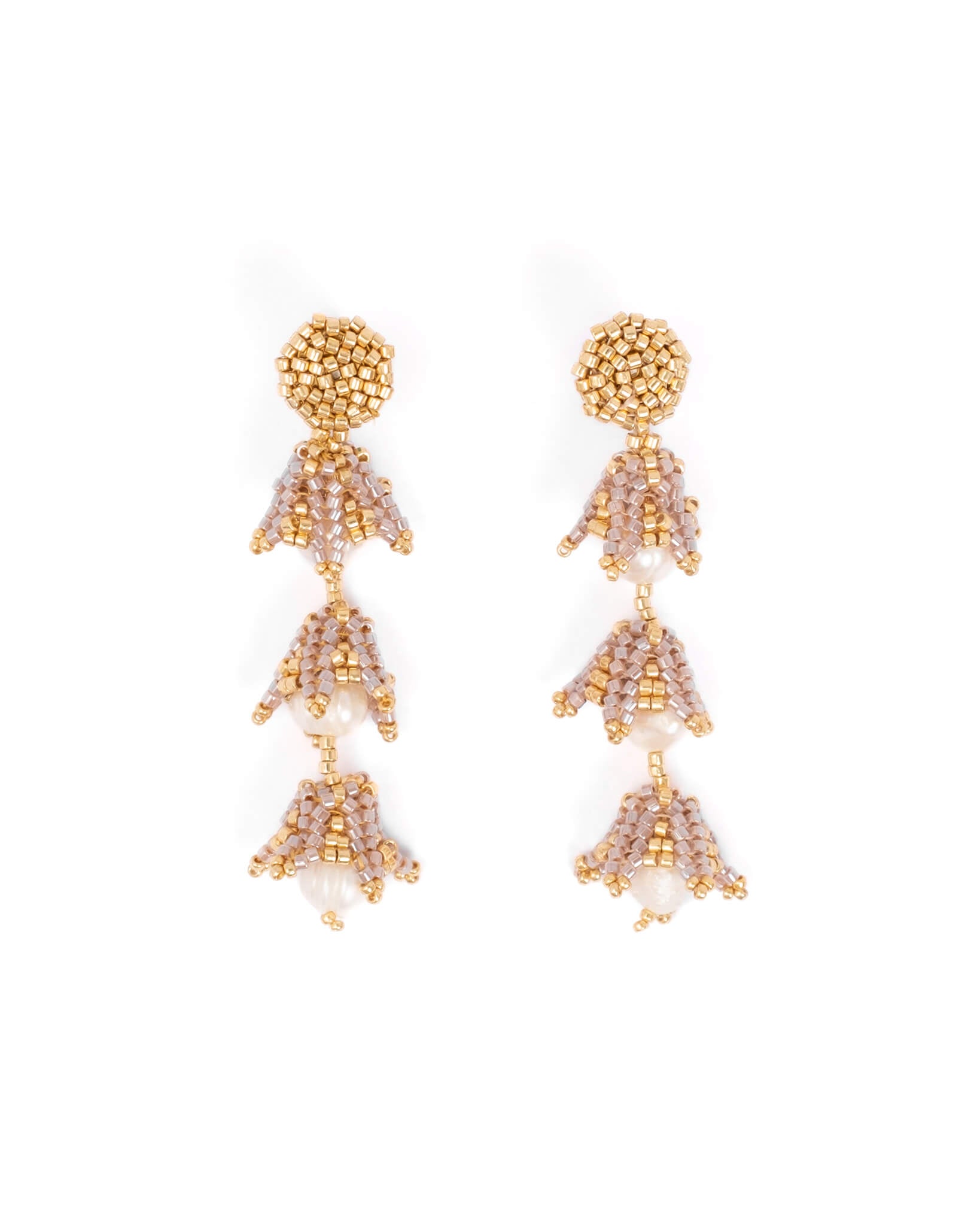 Beaded Handwoven Bell Drop and Pearl Earrings - Taupe
