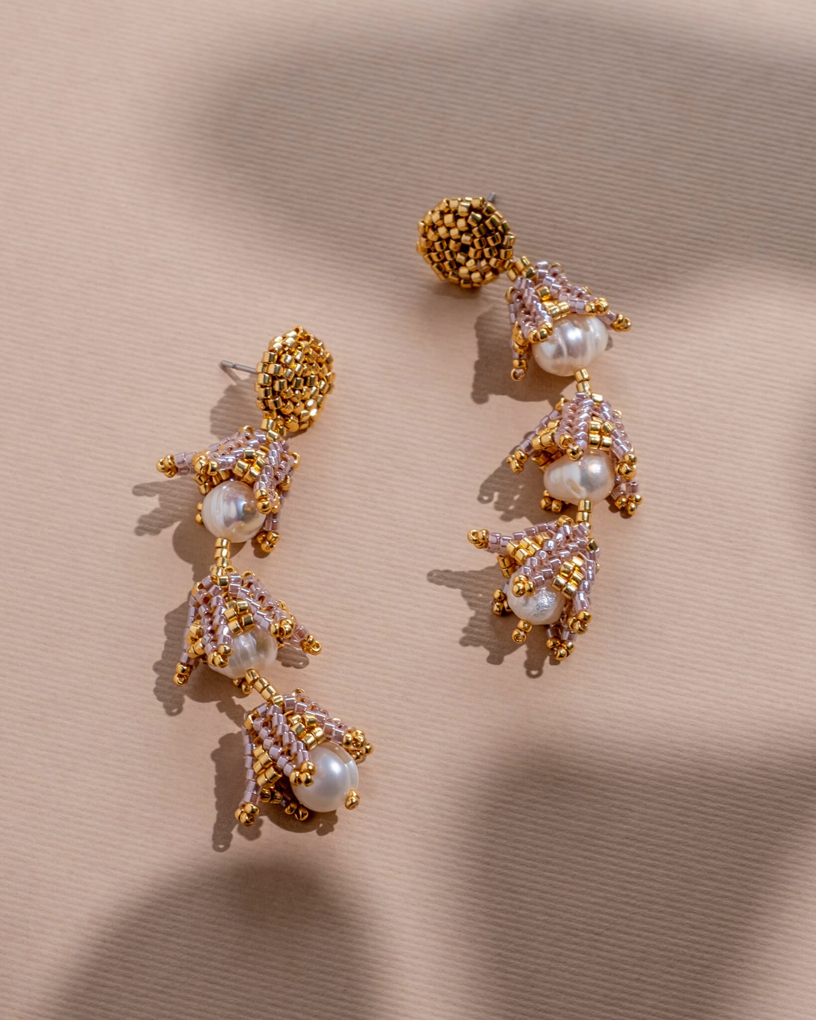 Beaded Handwoven Bell Drop and Pearl Earrings - Taupe