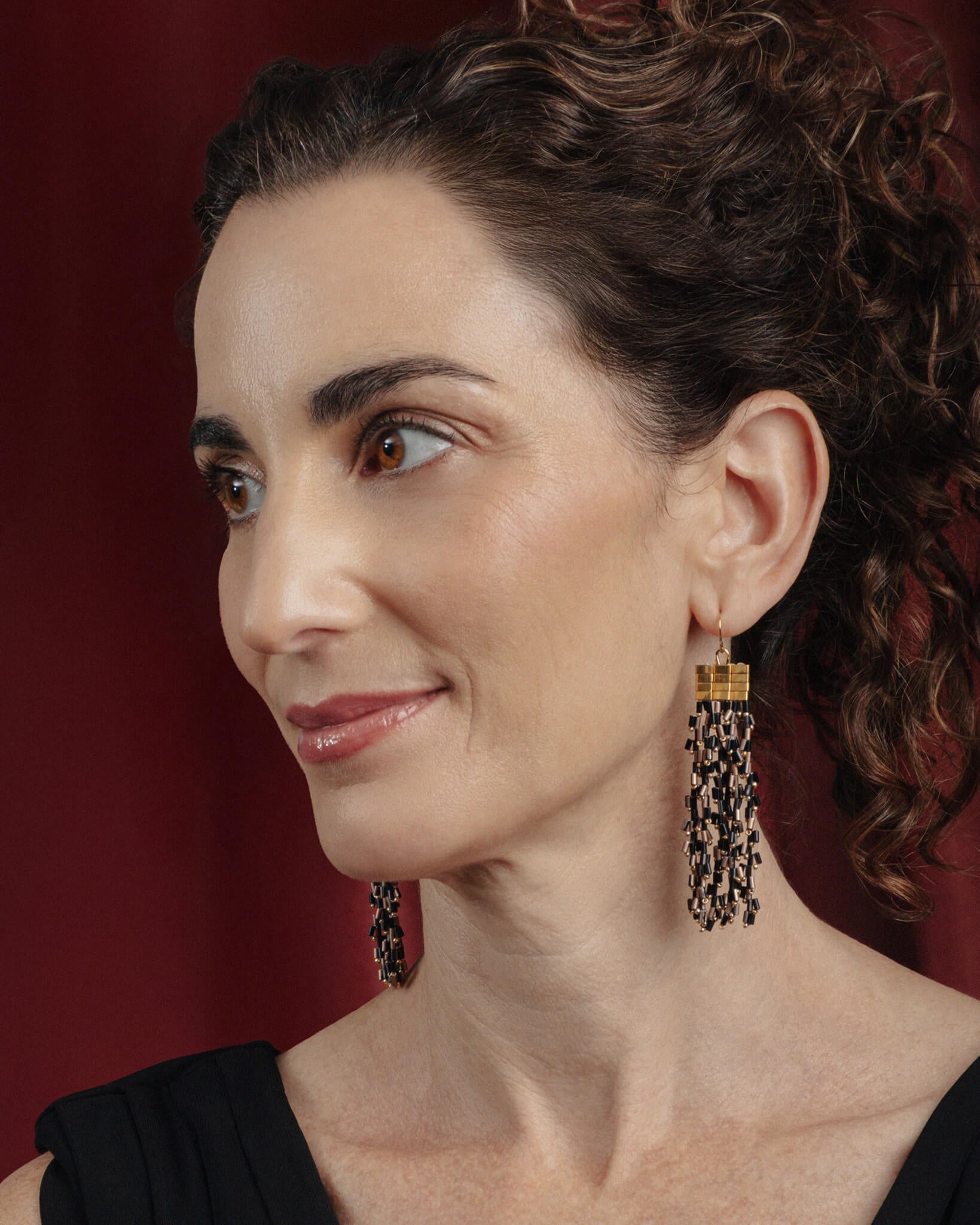 Beaded Handwoven Cascade Fringe Earrings - Black