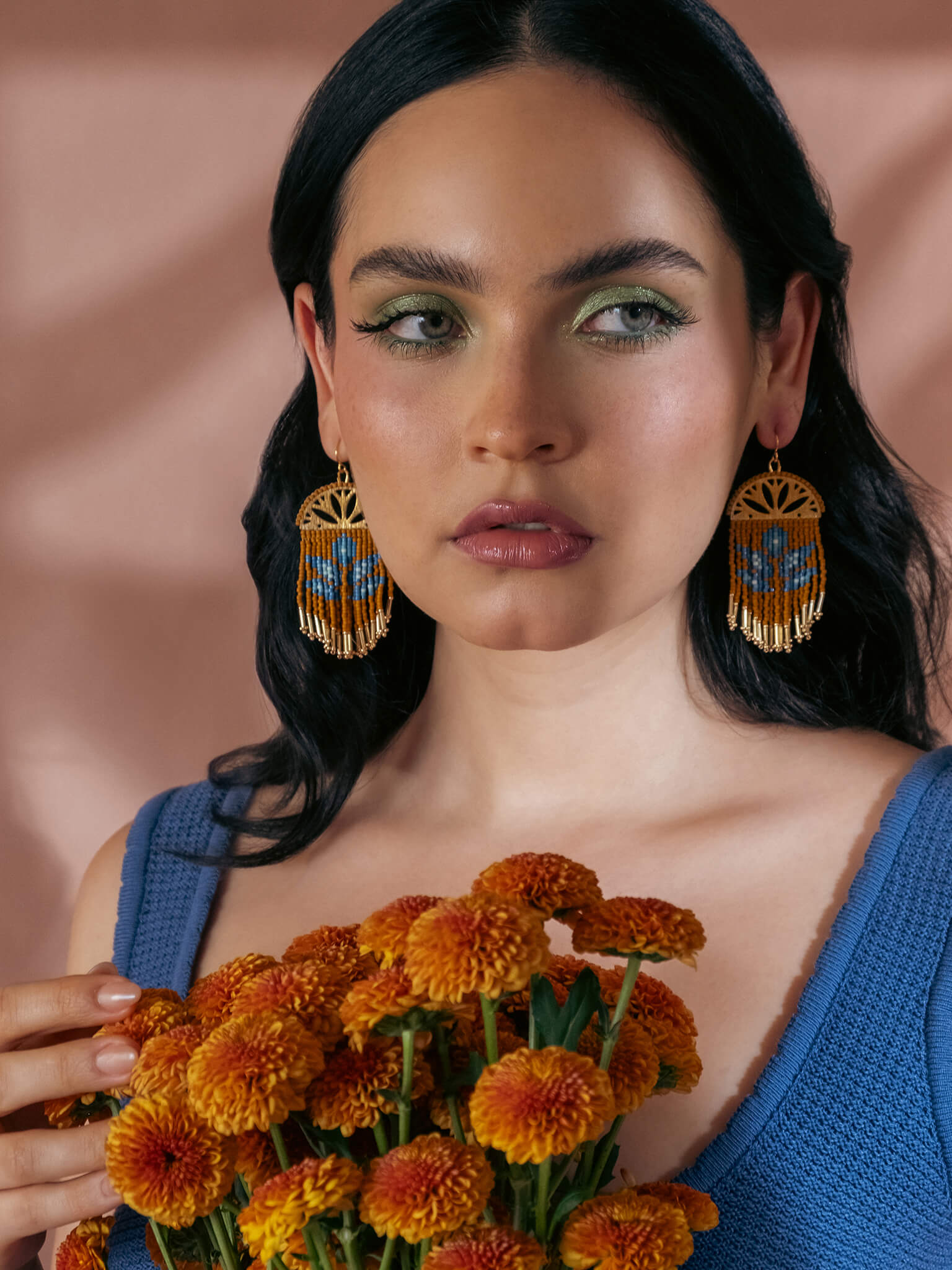 Beaded Handwoven Lotus Fringe Earrings (Green)