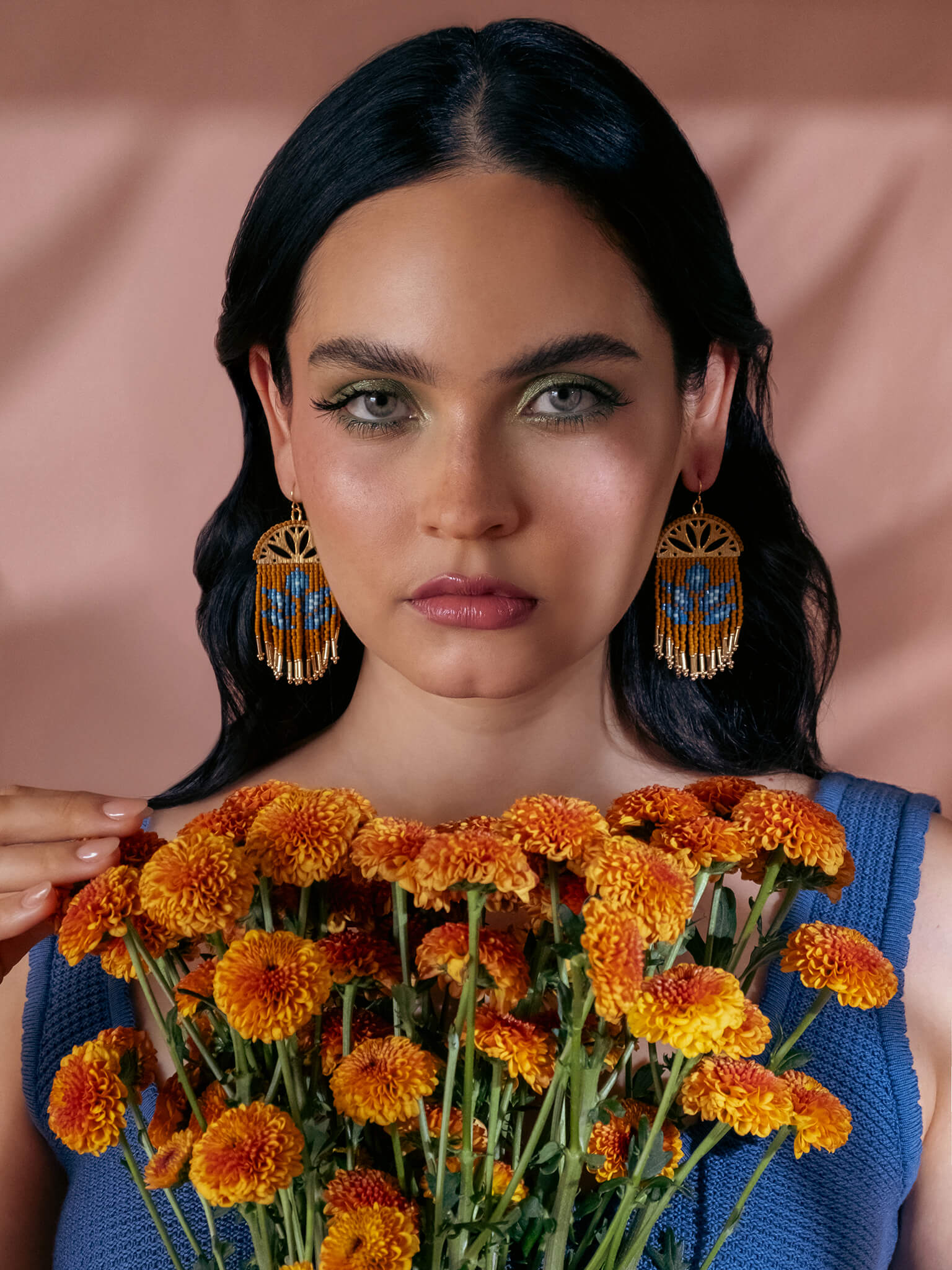 Beaded Handwoven Lotus Fringe Earrings (Mustard)