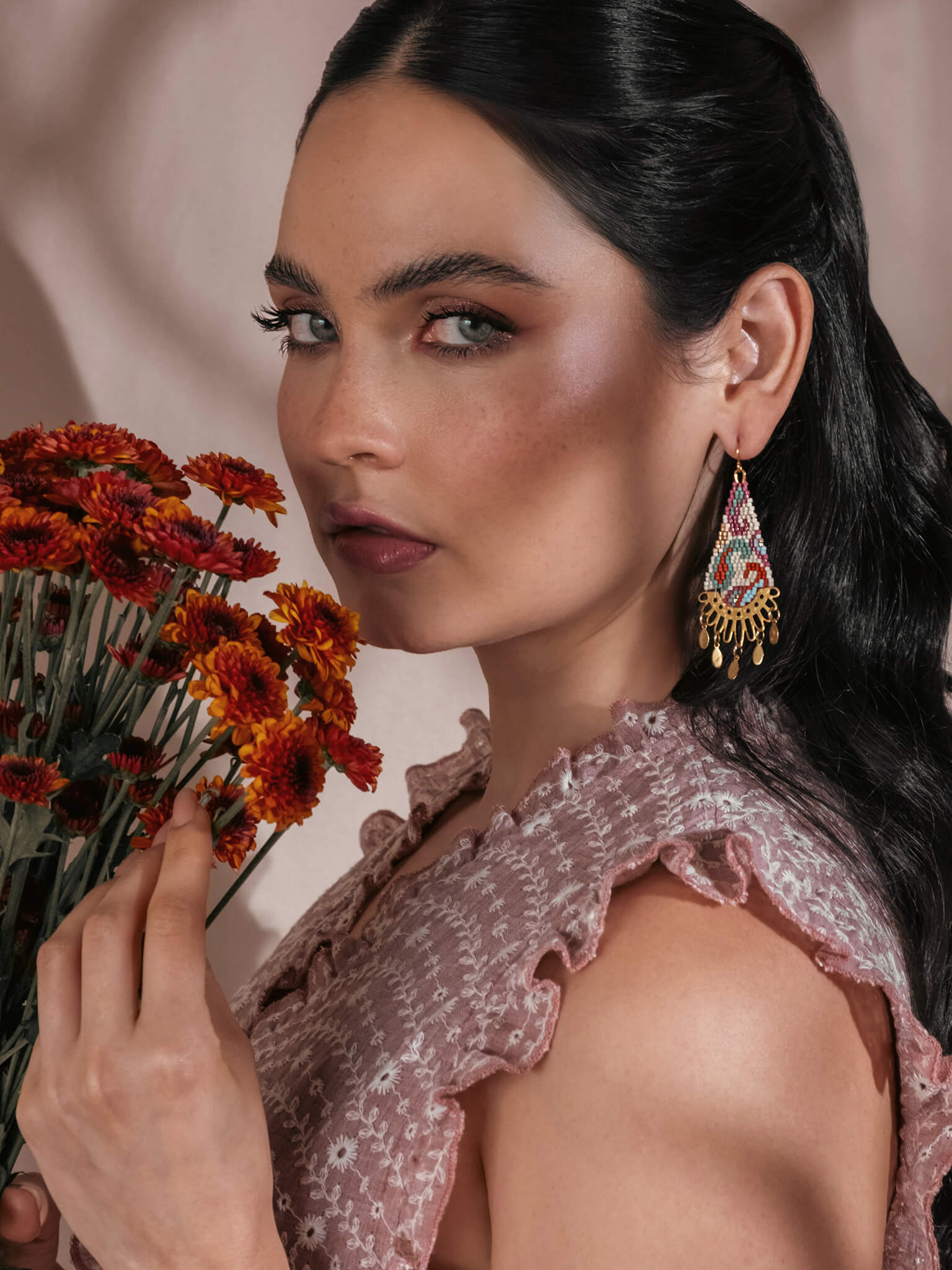 Beaded Handwoven Paisley Drop Earring (Beige)